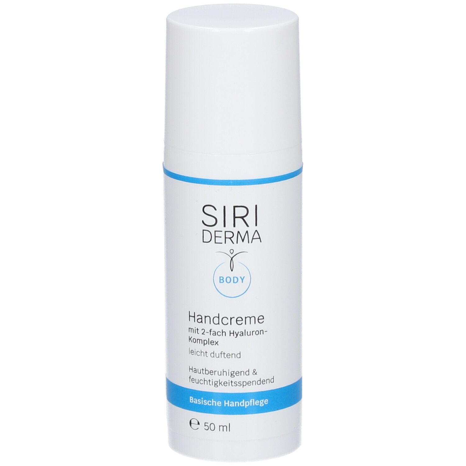 Tube de crème pour les mains blanche avec bande bleue. Inscription : SIRIDERMA, Handcreme, Body. 50 ml.