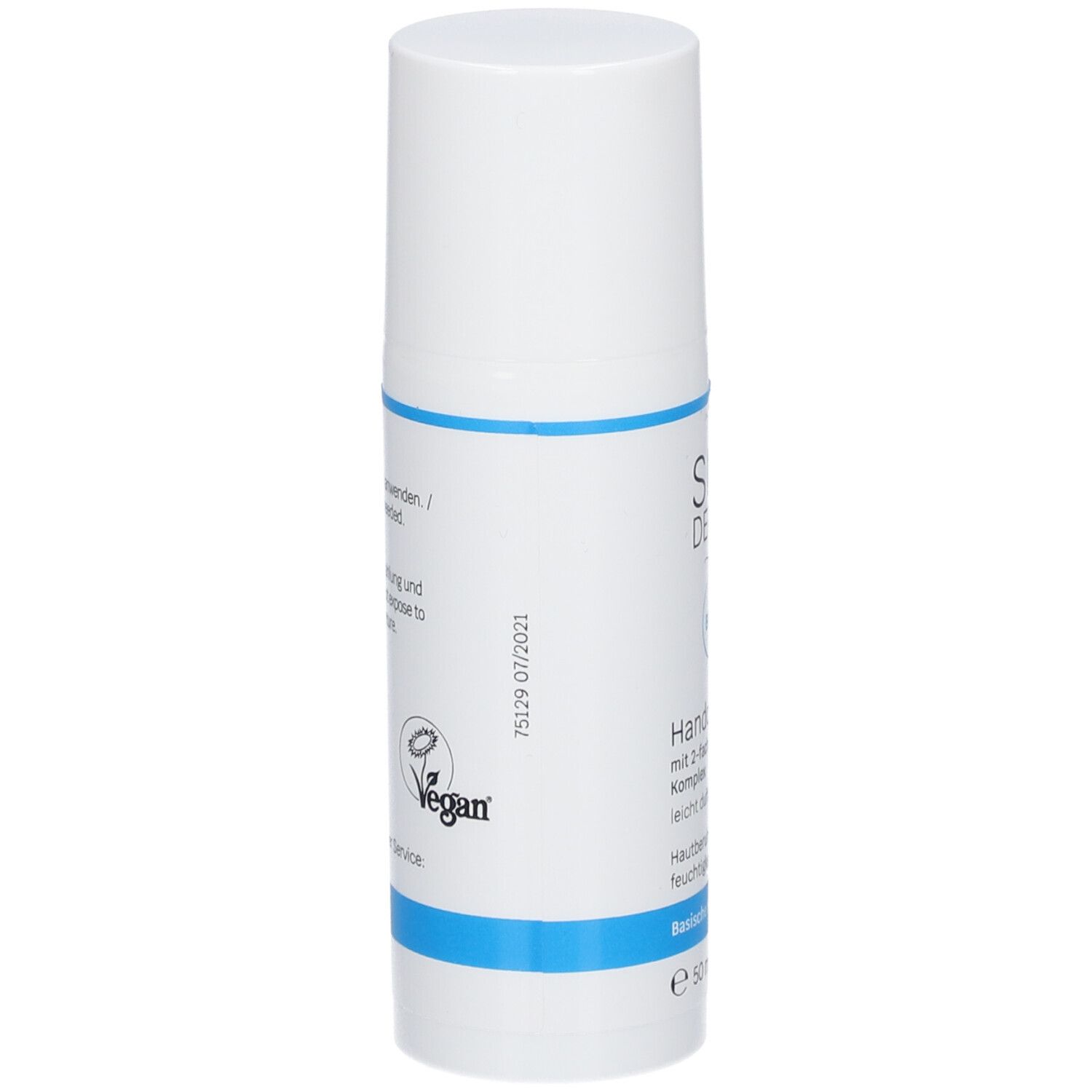 Tube de crème pour les mains blanc avec bande bleue. Inscription : Label Vegan. Texte en allemand.