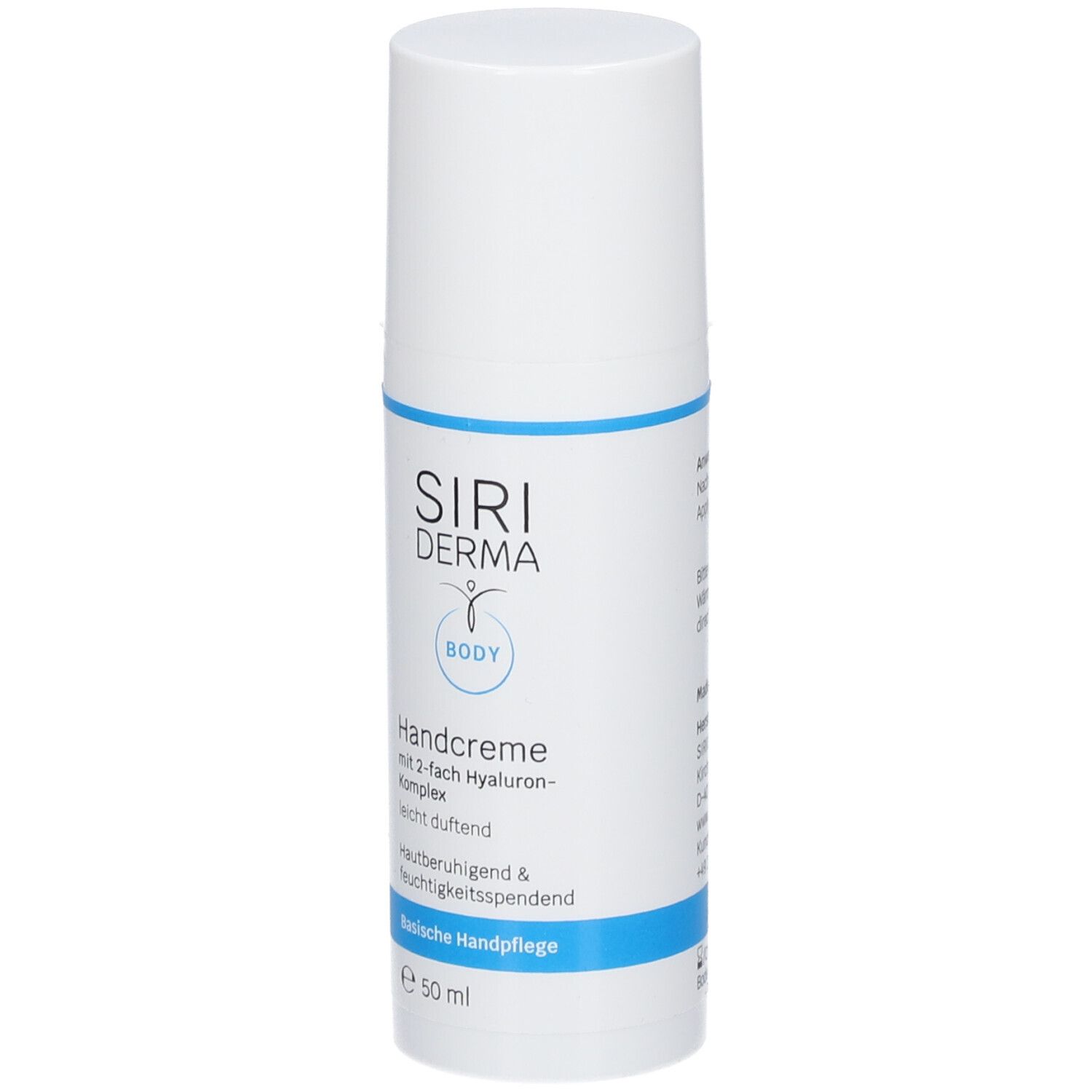 Tube de crème pour les mains blanche avec bande bleue. Inscription : SIRIDERMA, Handcreme, Body. 50 ml.