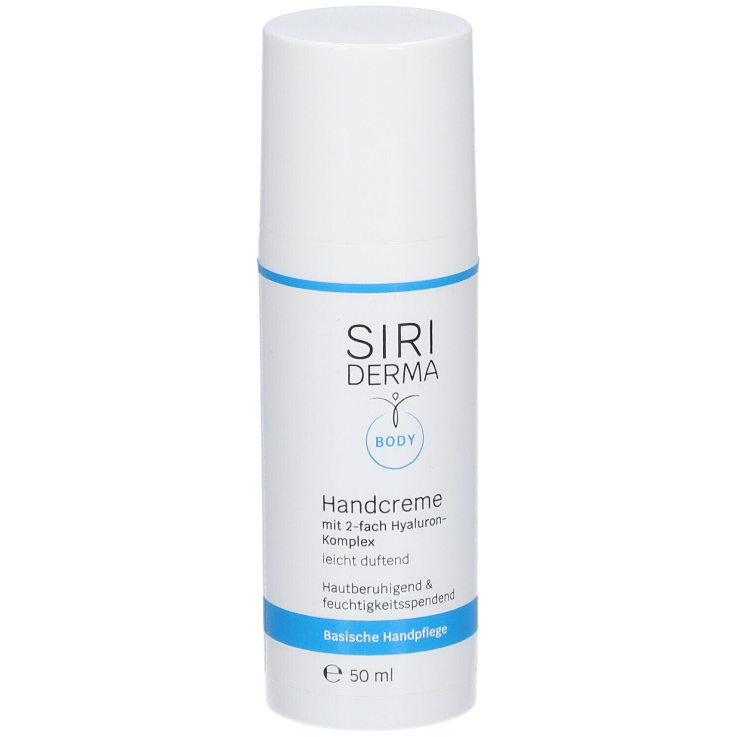 Tube de crème pour les mains blanche avec bande bleue. Inscription : SIRIDERMA, Handcreme, Body. 50 ml.