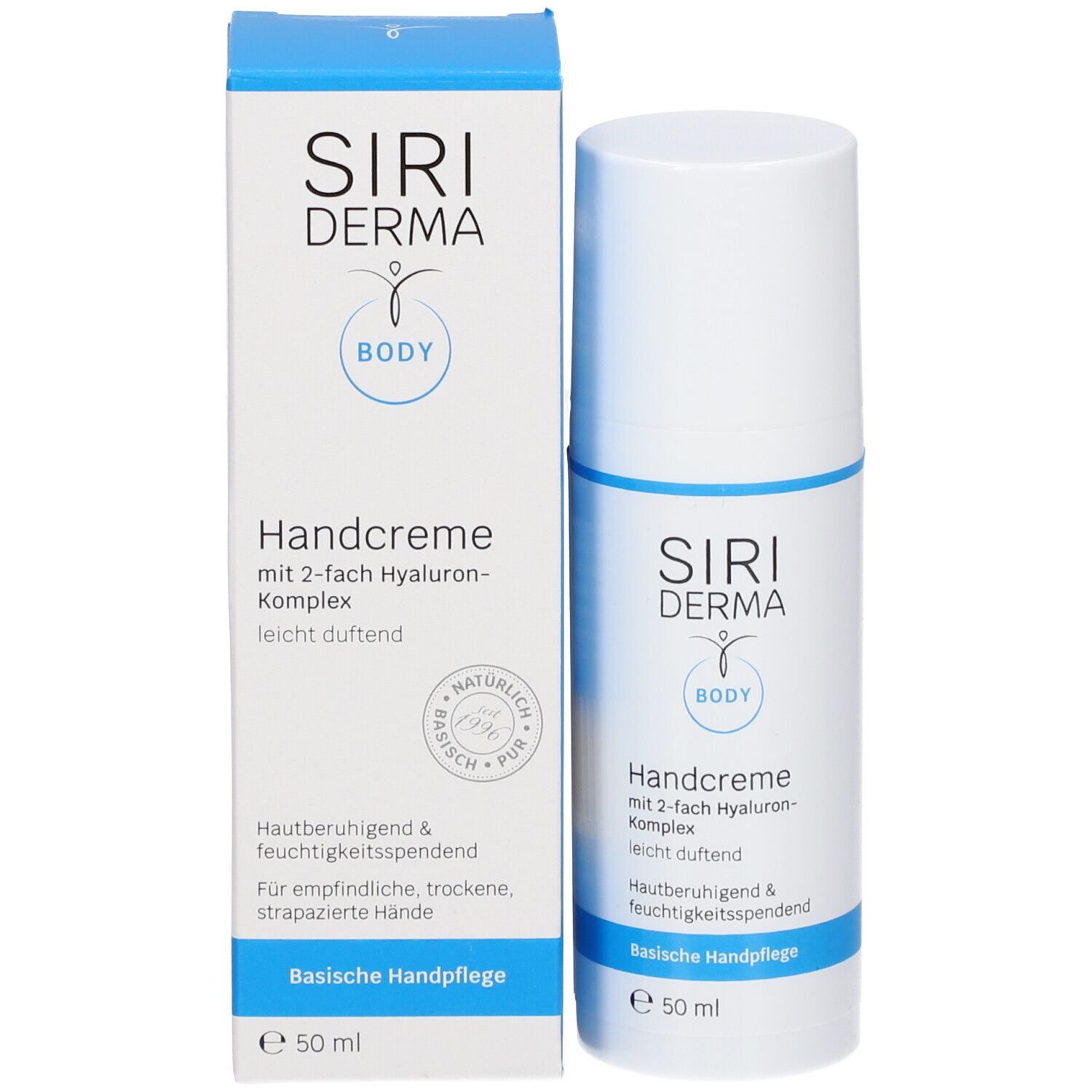 Tube de crème pour les mains et boîte. Inscription : SIRIDERMA, Handcreme, Body. 50 ml. Boîte avec texte.