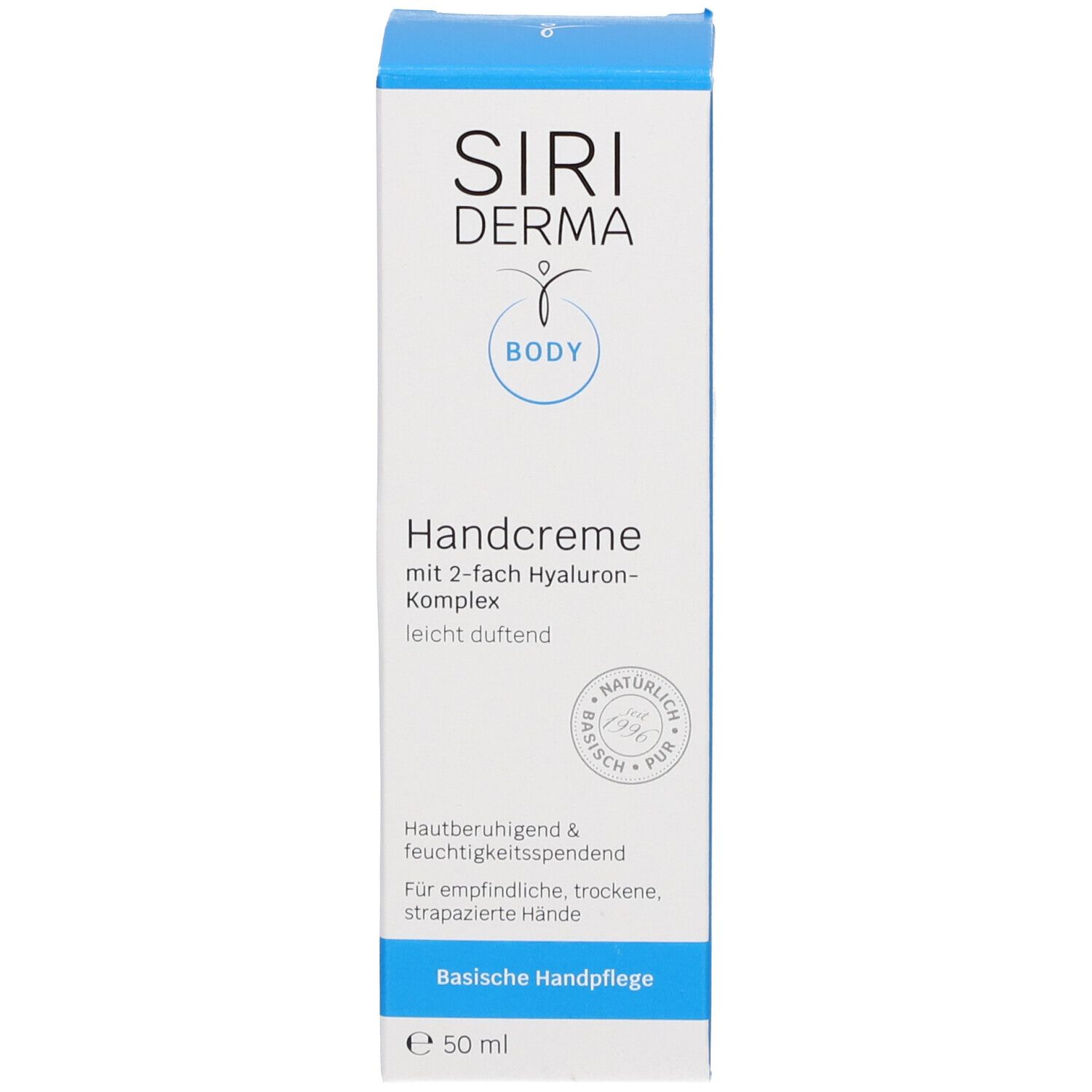 Boîte avec tube de crème pour les mains. Inscription : SIRIDERMA, Handcreme, Body. 50 ml. Boîte avec texte.