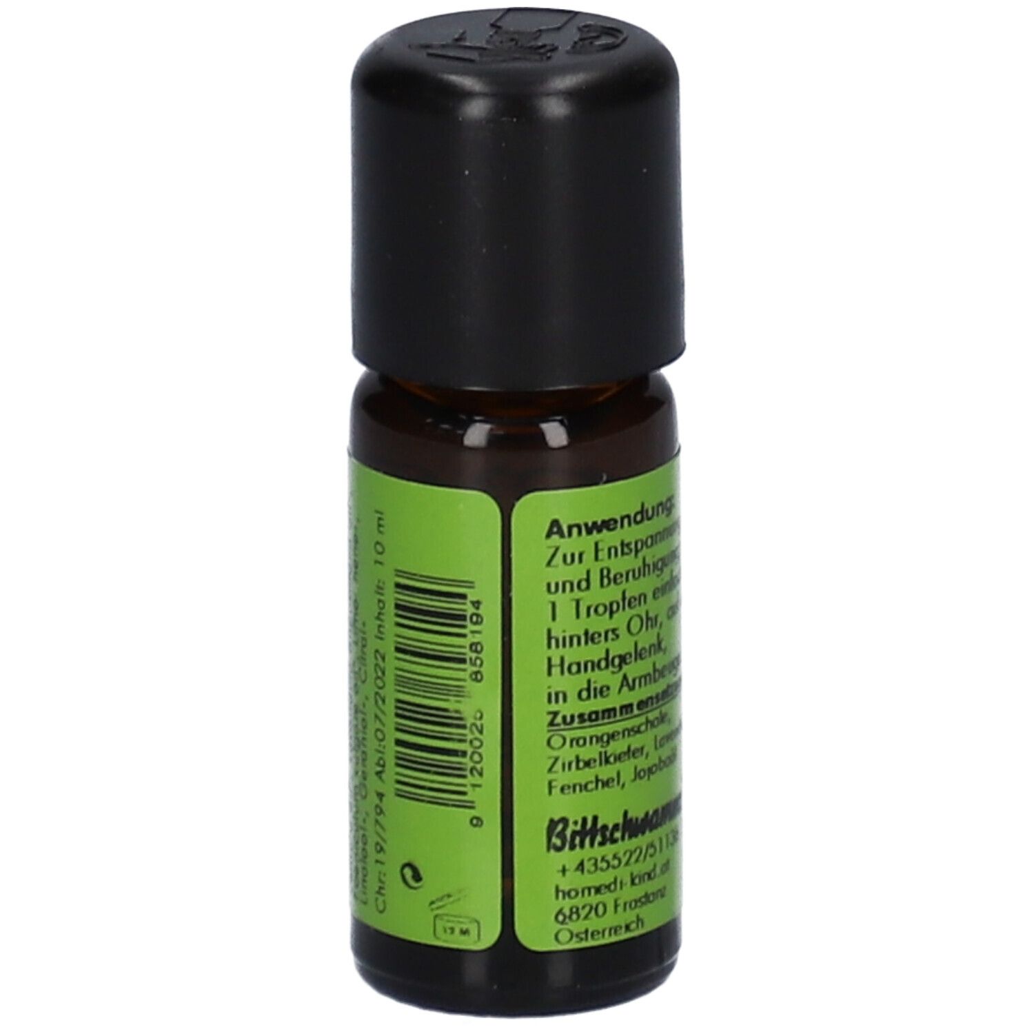 Vue latérale d'un flacon avec code-barres et indication "10 ml". "homedi-kind Sandmann".