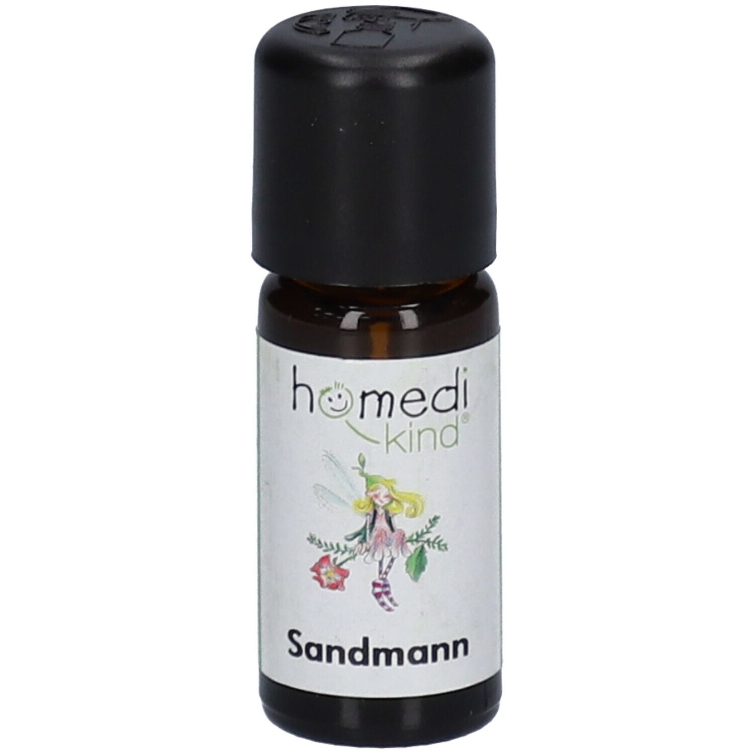 Petit flacon en verre brun avec bouchon à vis noir. Étiquette "homedi-kind Sandmann" et une fée.