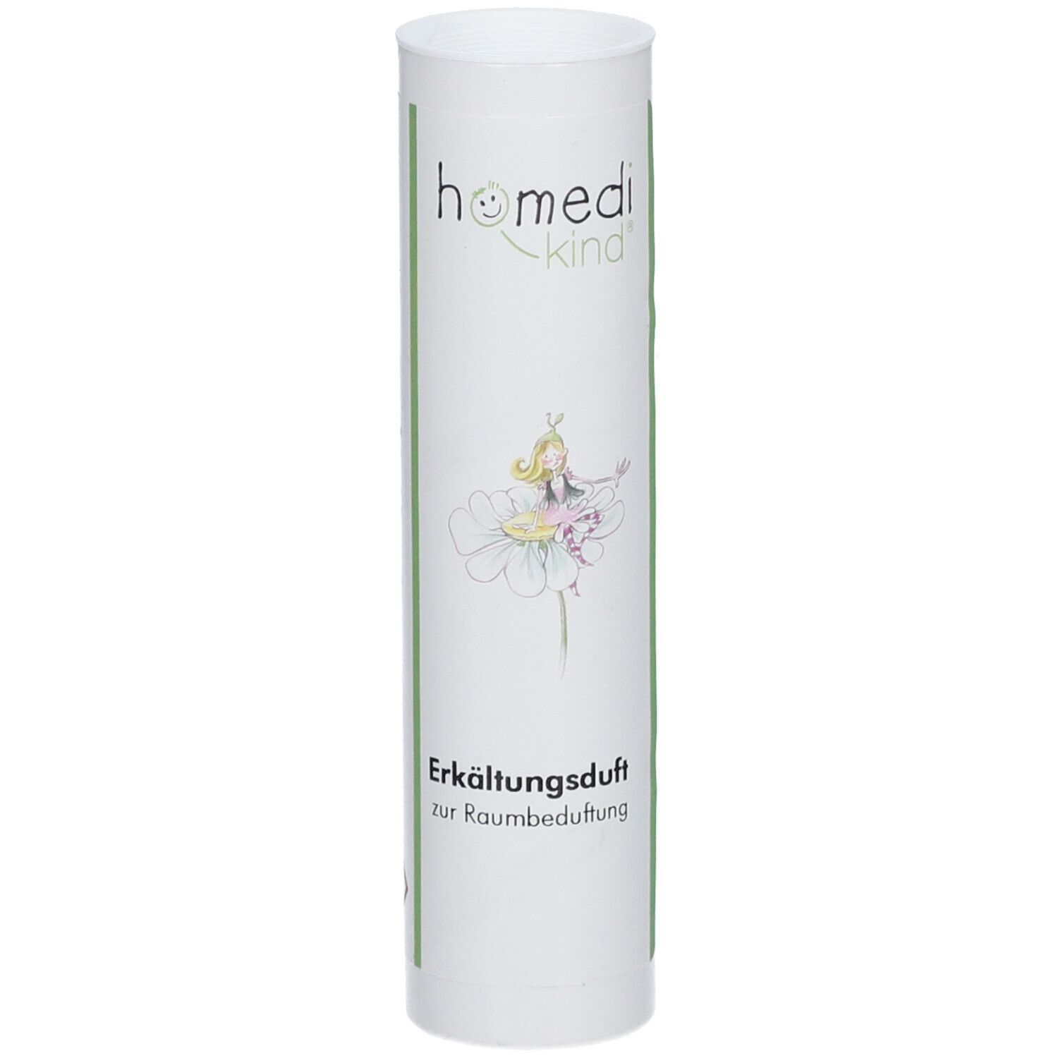 Tube blanche avec logo "homedi-kind", une fée sur une fleur et texte "Erkältungsduft zur Raumbeduftung".