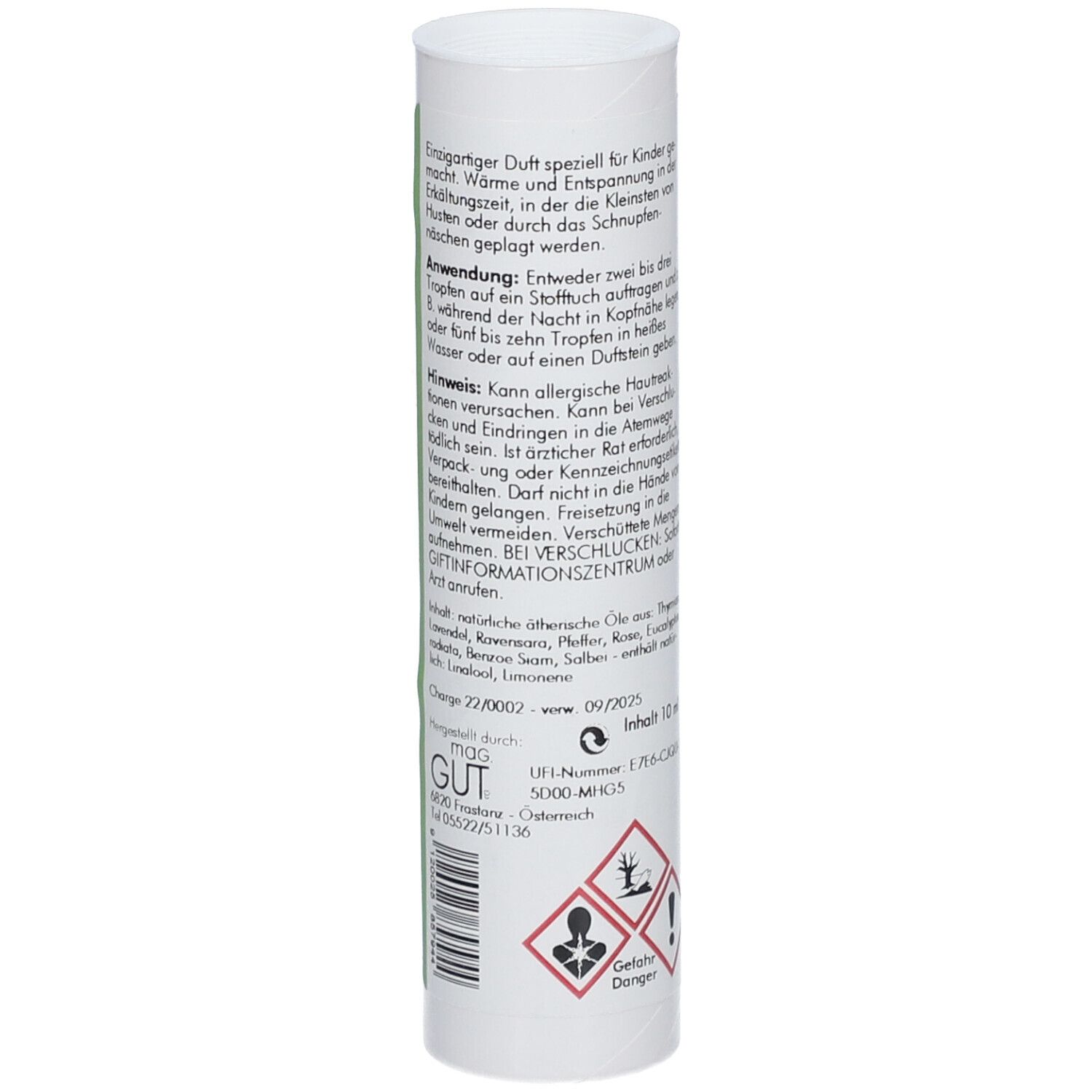 Vue latérale du tube avec instructions d'utilisation, contenu (10 ml) et symboles de danger.