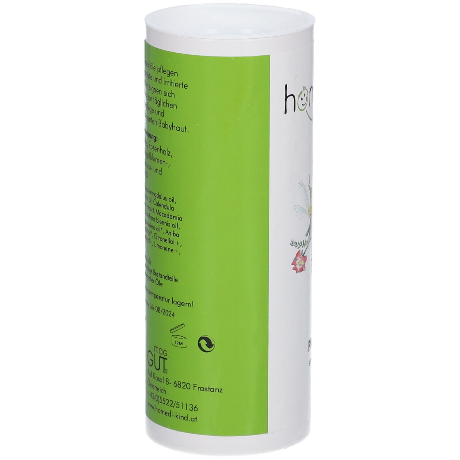 Arrière de la bouteille d'huile de soin pour bébé homedi-kind® avec ingrédients et instructions.