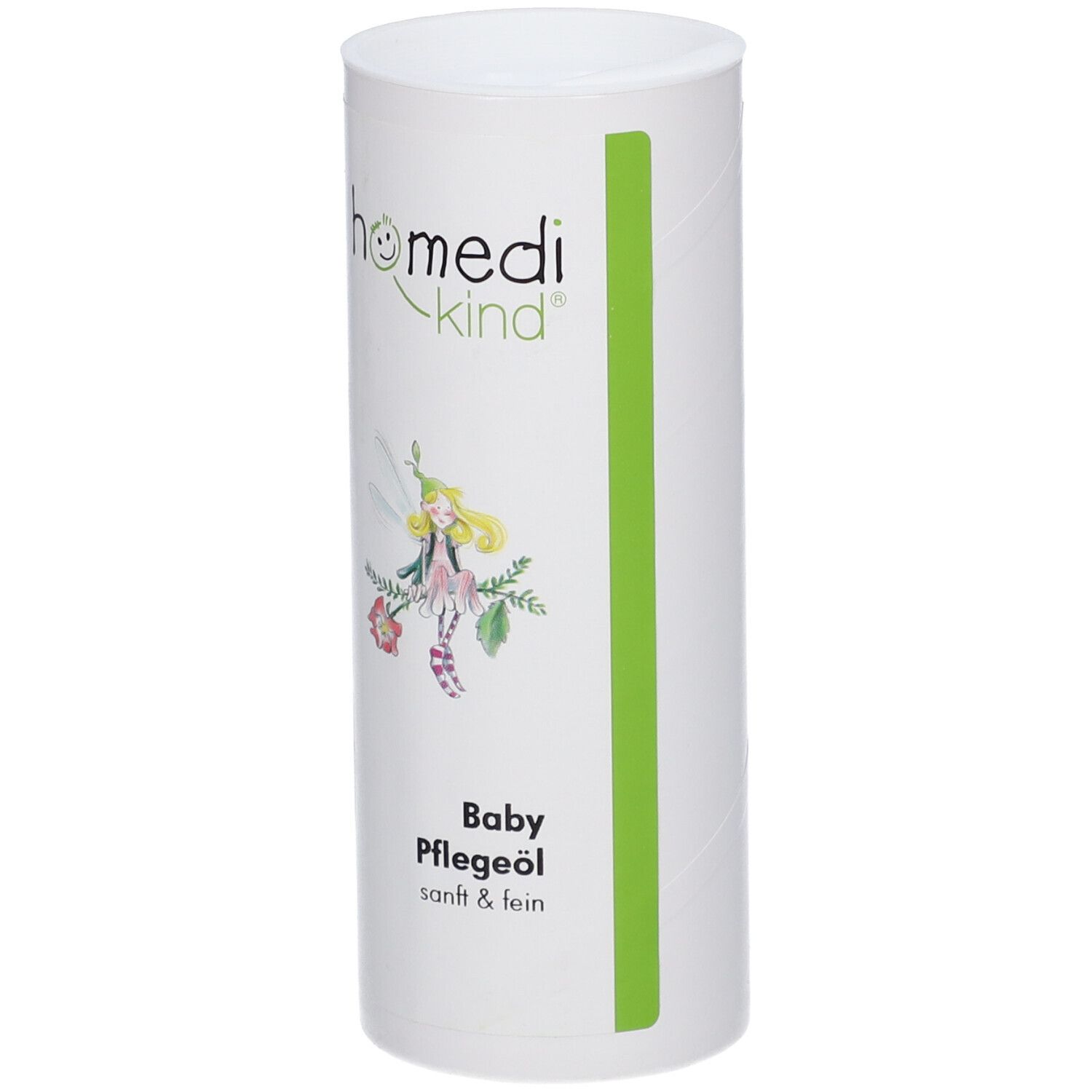 Bouteille d'huile de soin pour bébé homedi-kind® avec illustration de fée et nom du produit.