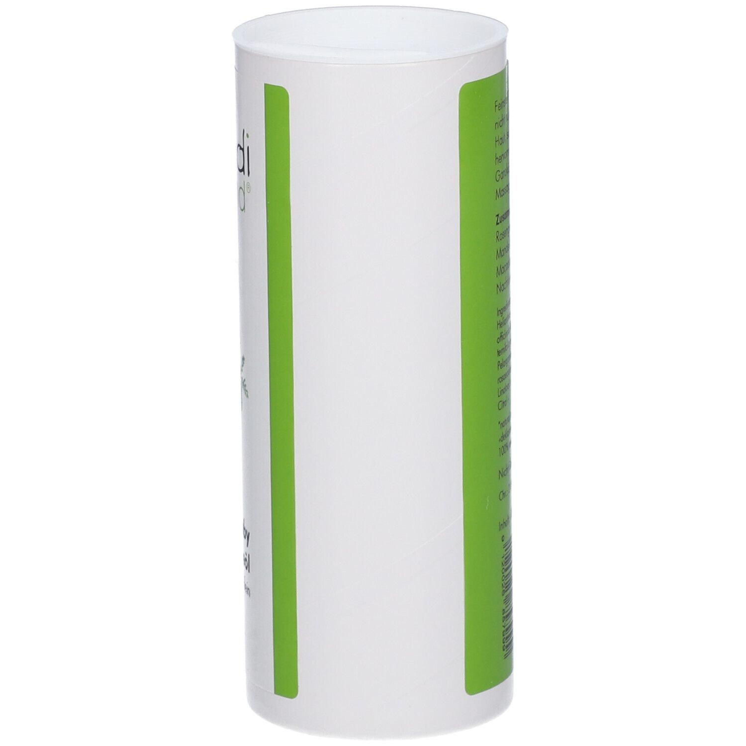 Vue latérale de la bouteille d'huile de soin pour bébé homedi-kind® avec des accents verts.