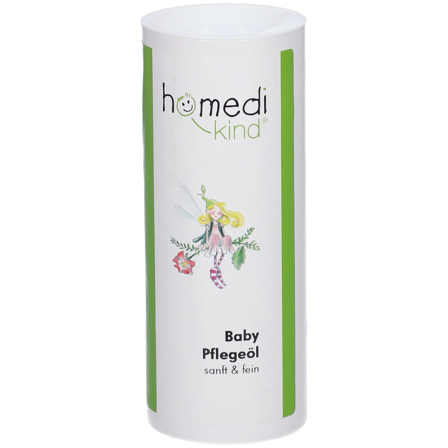Bouteille d'huile de soin pour bébé homedi-kind® avec illustration de fée et nom du produit.