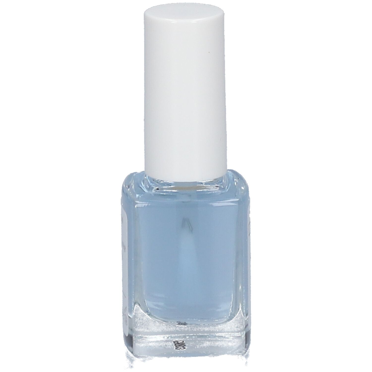 Durcisseur pour ongles dans flacon carré en verre avec bouchon blanc. Liquide bleu visible. Pas d'autre texte.