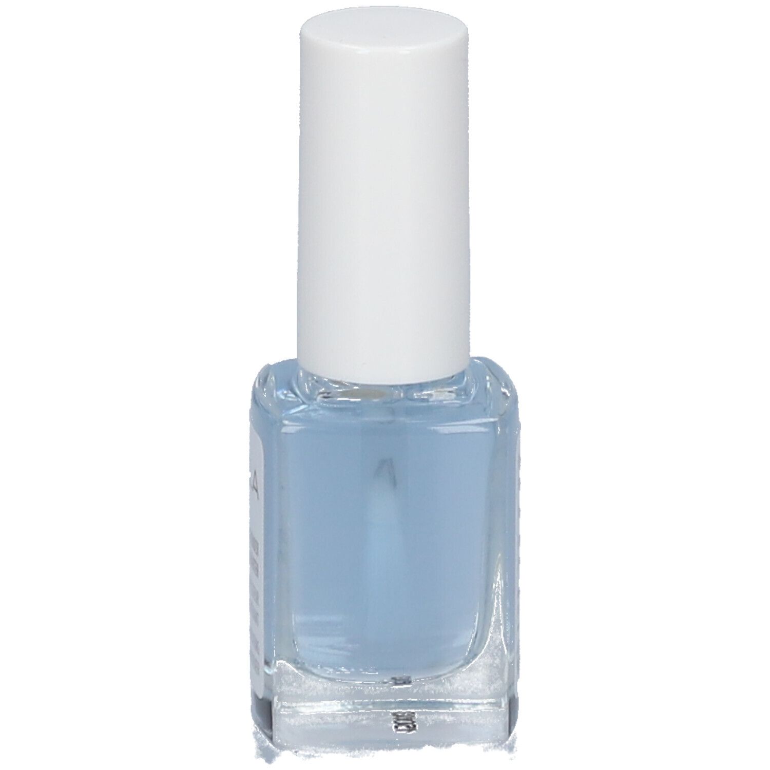 Durcisseur pour ongles en flacon carré avec bouchon blanc. Liquide bleu visible. Pas d'autre texte.