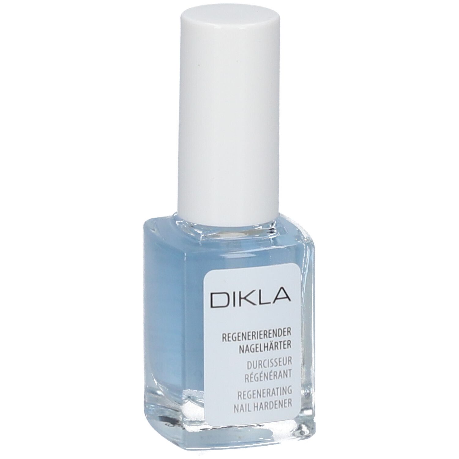 Durcisseur pour ongles DIKLA, liquide bleu dans flacon carré en verre avec bouchon blanc. Étiquette avec texte.