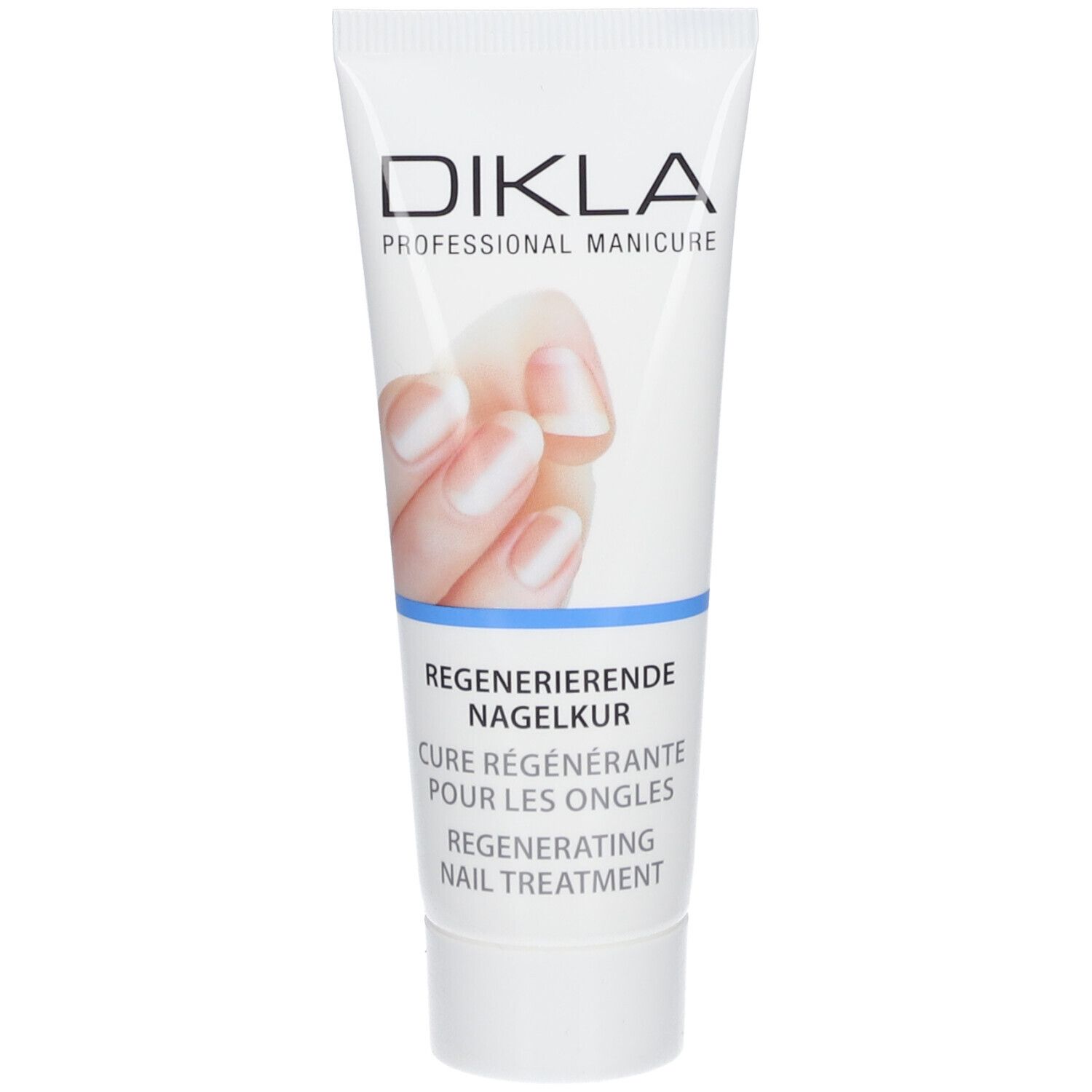 Tube de DIKLA Regenerierende Nagelkur. Blanc, ligne bleue. Nom du produit et image d'ongles.