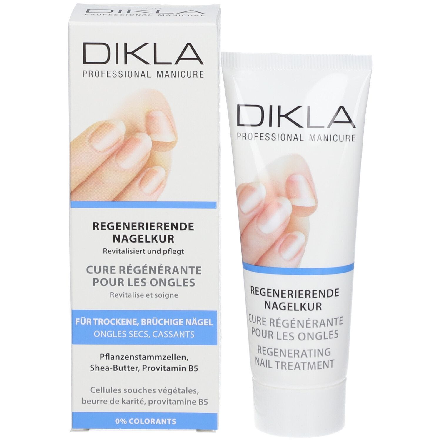 Tube et boîte DIKLA Regenerierende Nagelkur. Tube et boîte avec nom du produit et image d'ongles.