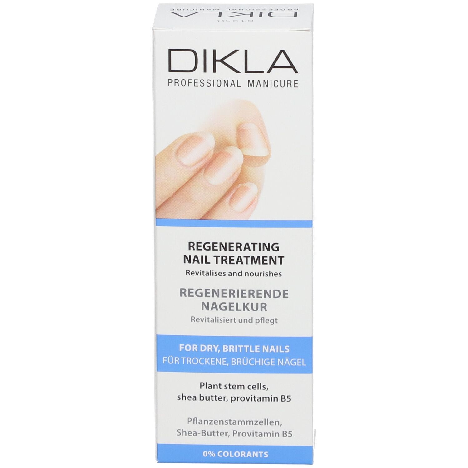 Boîte DIKLA Regenerierende Nagelkur. Nom du produit, image d'ongles. Texte en allemand et anglais.