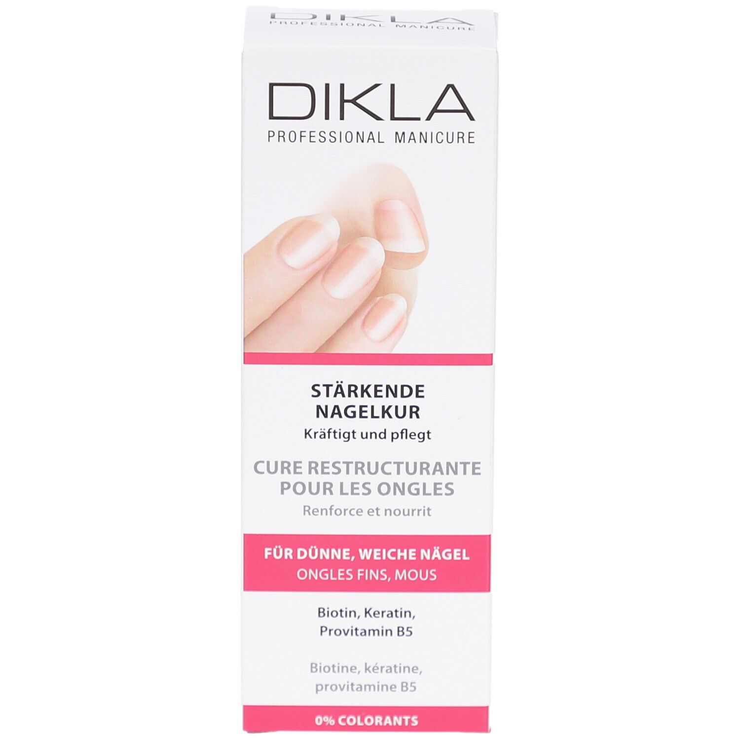 DIKLA Cure Restructurante pour les Ongles. Boîte blanche avec image et texte. Pour ongles fins et mous. Contient Biotine, Kératine, Provitamine B5. 0% Colorants.