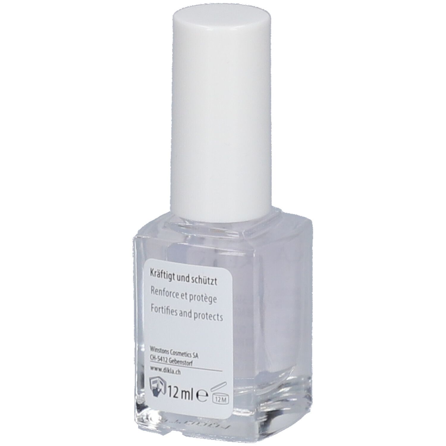 Flacon transparent avec bouchon blanc. Étiquette DIKLA, texte: Renforce et protège, 12 ml.