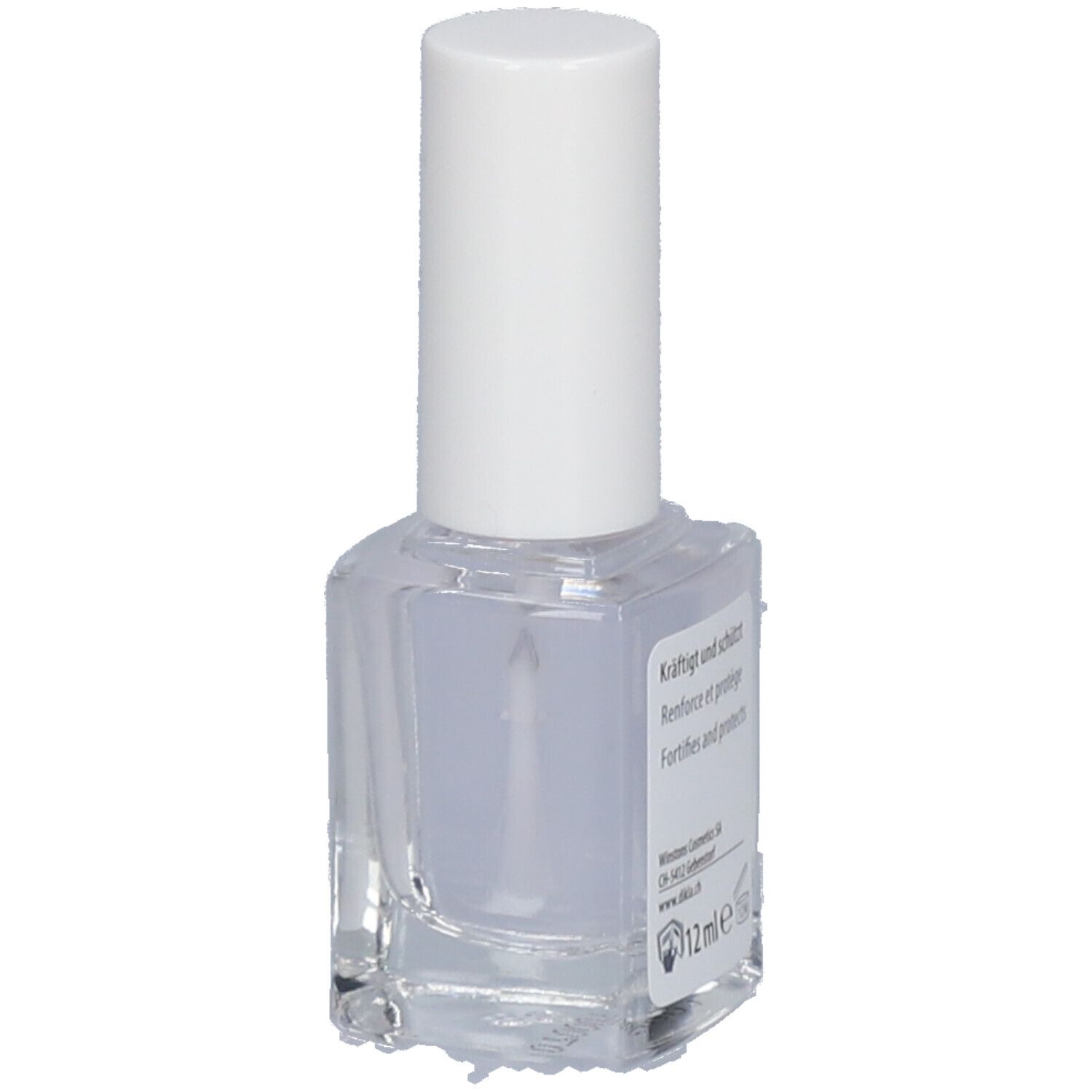 Flacon transparent avec bouchon blanc. Étiquette DIKLA, texte: Renforce et protège, 12 ml.