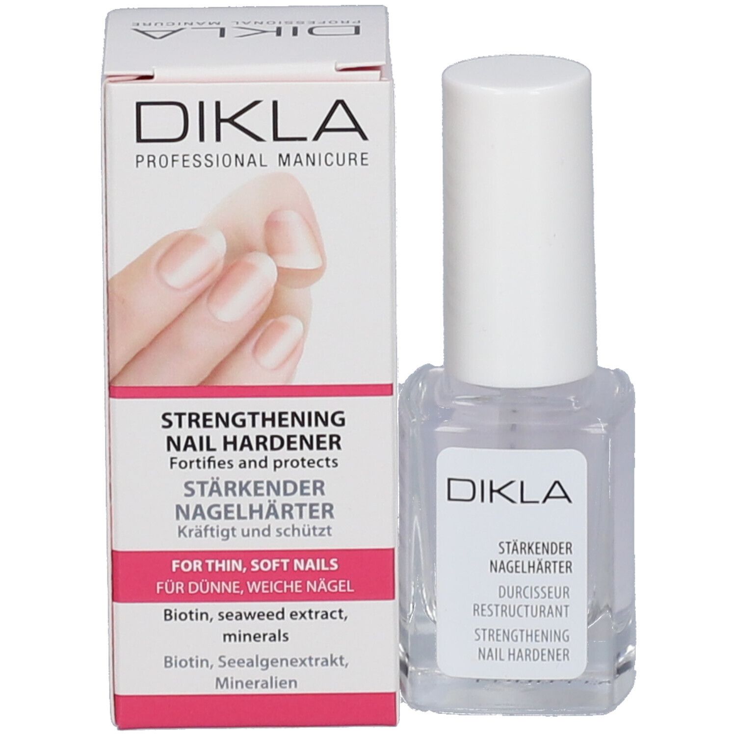 Durcisseur DIKLA avec emballage. Flacon avec bouchon blanc. Emballage avec image et texte du produit.