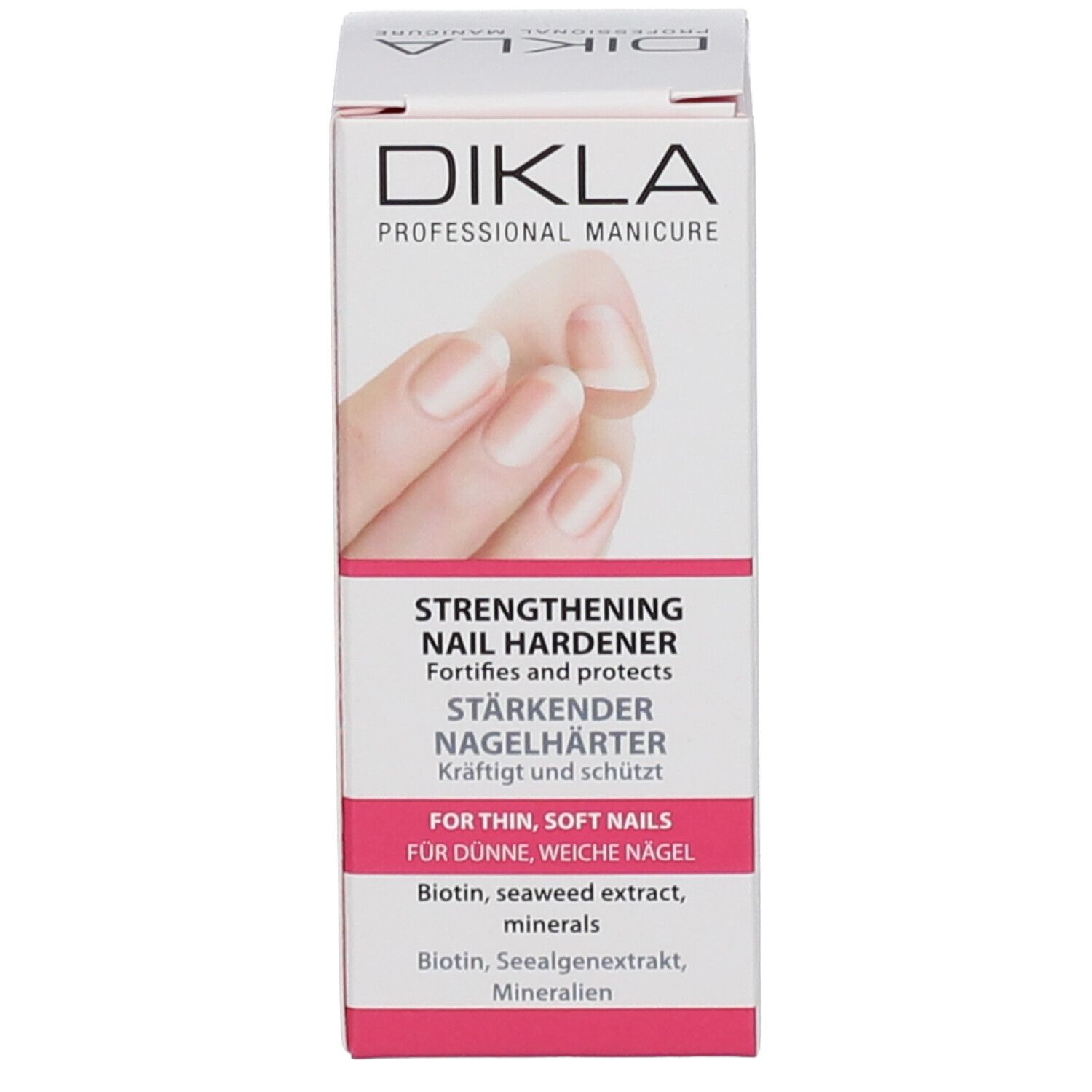 Emballage du durcisseur DIKLA. Image et texte du produit sur l'emballage. Flacon avec bouchon blanc.