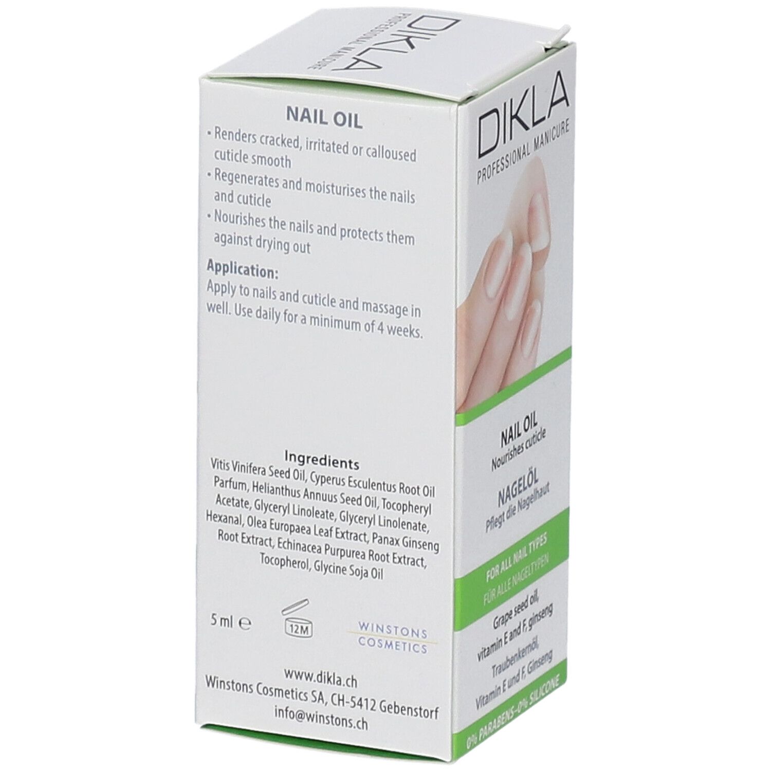Emballage de DIKLA Nagelöl. Dos avec ingrédients et instructions d'utilisation. 5 ml. Logo Winstons Cosmetics. Boîte blanche avec accents verts.