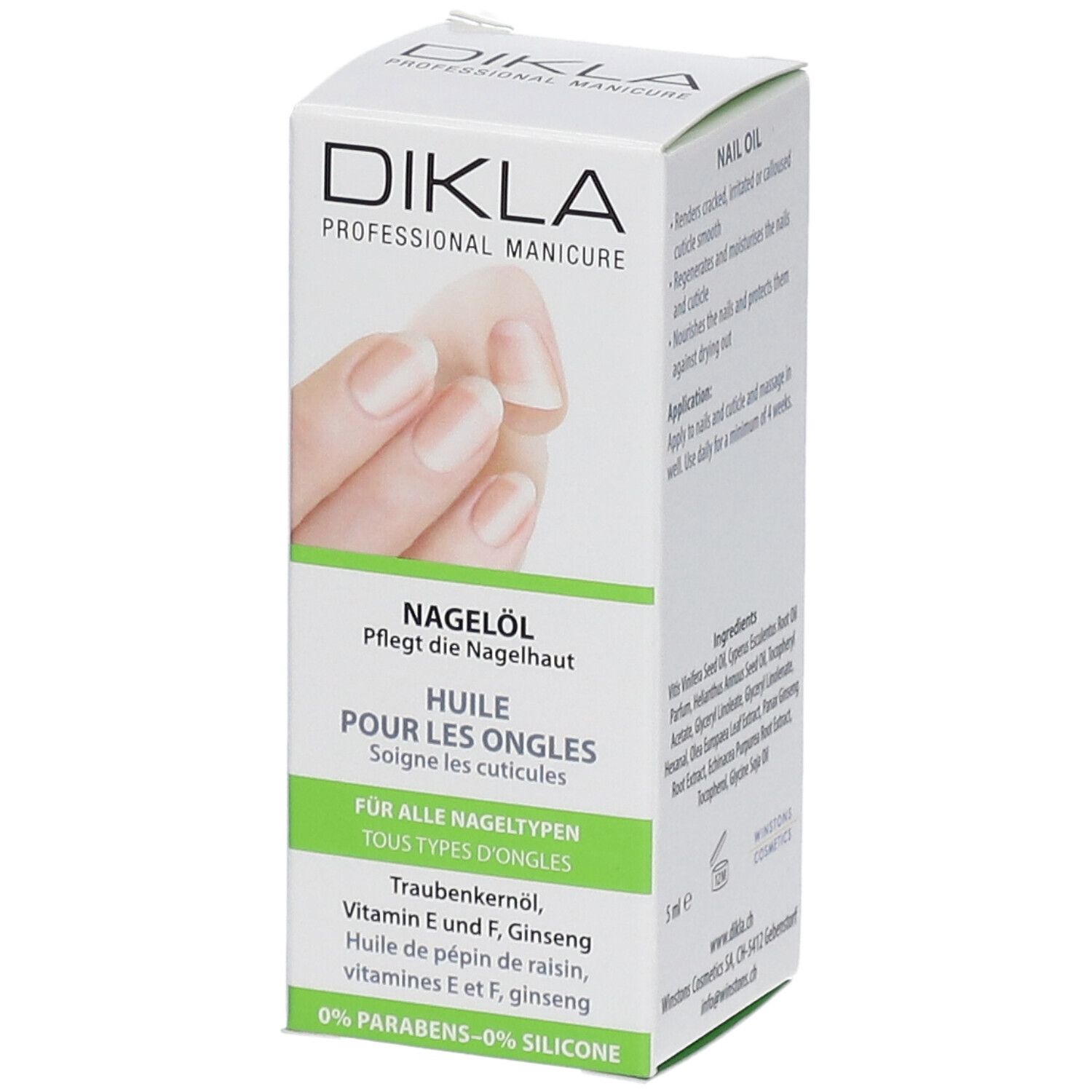 Emballage de DIKLA Nagelöl. Vue latérale avec informations sur le produit et ingrédients. Boîte blanche avec accents verts. Image d'une main.