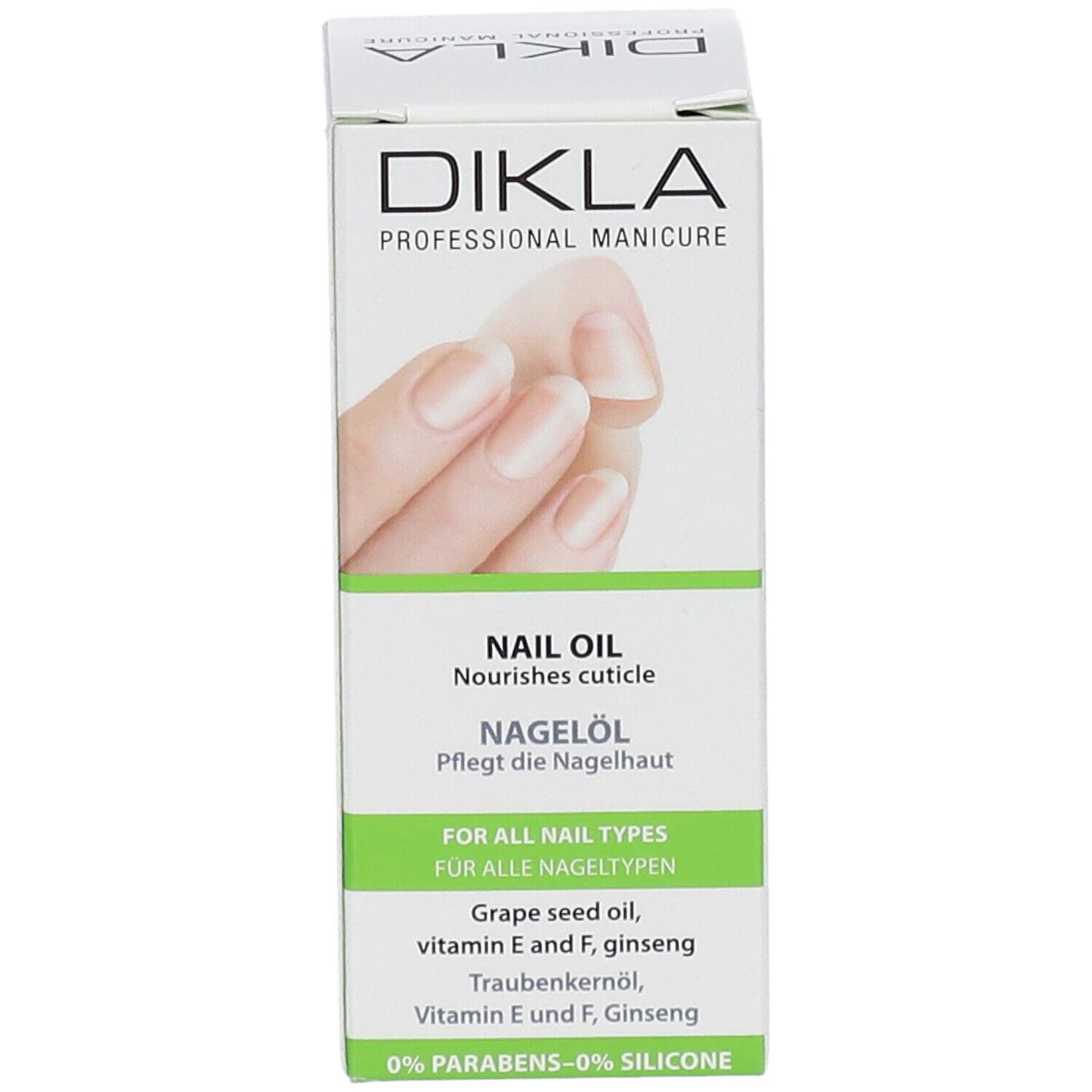 Emballage de DIKLA Nagelöl. Vue de face. Boîte blanche avec accents verts. Inscription : Huile pour ongles, ingrédients, 0% parabènes, 0% silicone. Image d'une main.