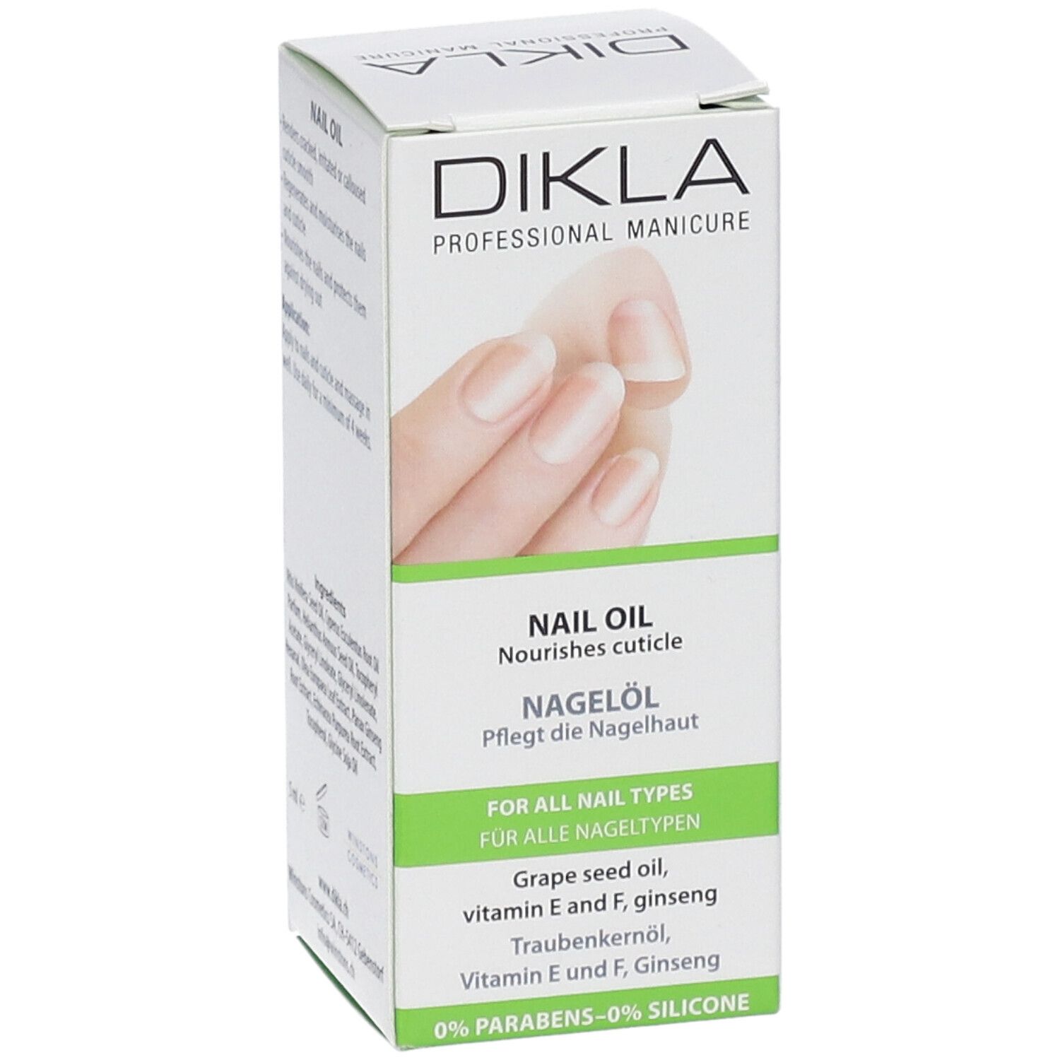 Emballage de DIKLA Nagelöl. Vue en biais. Boîte blanche avec accents verts. Inscription : Huile pour ongles, ingrédients, 0% parabènes, 0% silicone. Image d'une main.