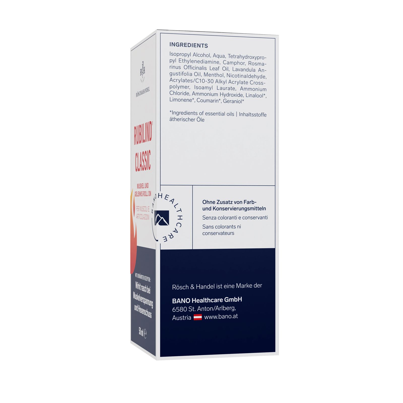 Emballage de RUBILIND® CLASSIC. Contient des ingrédients et des informations. Boîte blanche avec détails bleus et rouges.