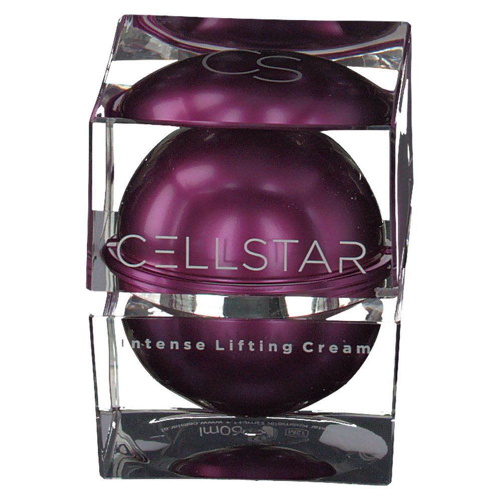 Crème lifting dans un cube transparent. La crème est emballée dans une sphère violette. CELLSTAR est inscrit sur la sphère.
