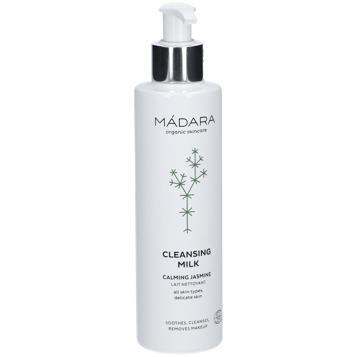 Flacon blanc avec pompe. Inscription : MÁDARA, Cleansing Milk, Calming Jasmine. Pour tous types de peaux.