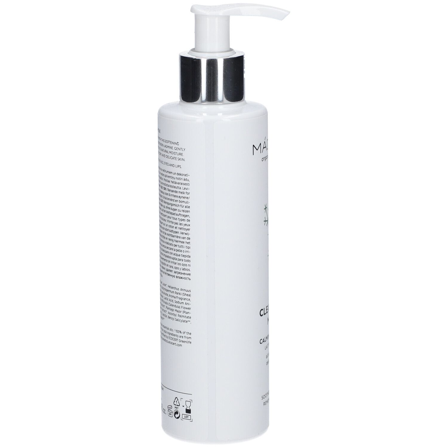 Flacon blanc avec pompe. Texte sur le côté. Tête de pompe argentée. Nom du produit : Cleansing Milk.