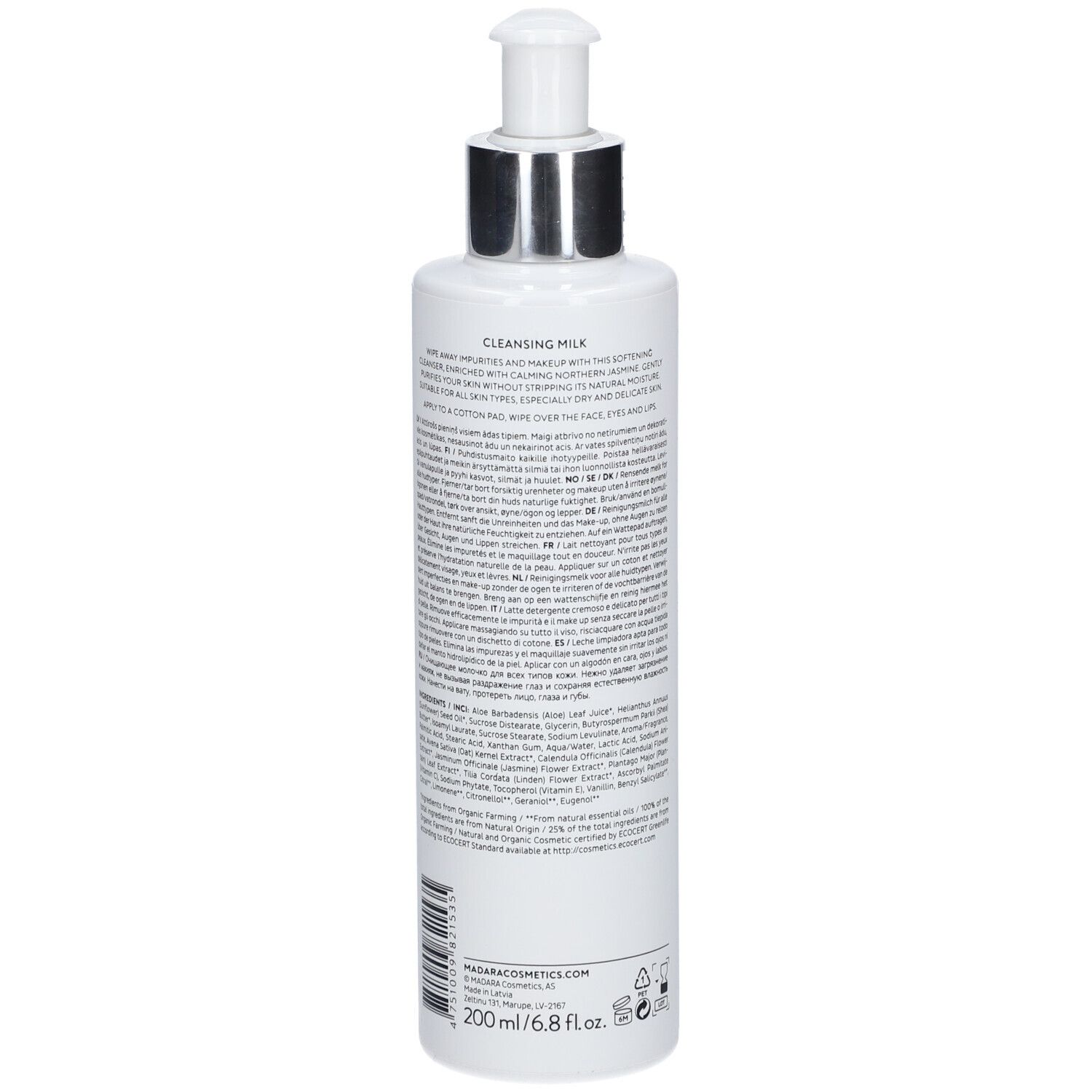 Flacon blanc avec pompe. Dos avec texte. Nom du produit : Cleansing Milk. Contenu : 200 ml.