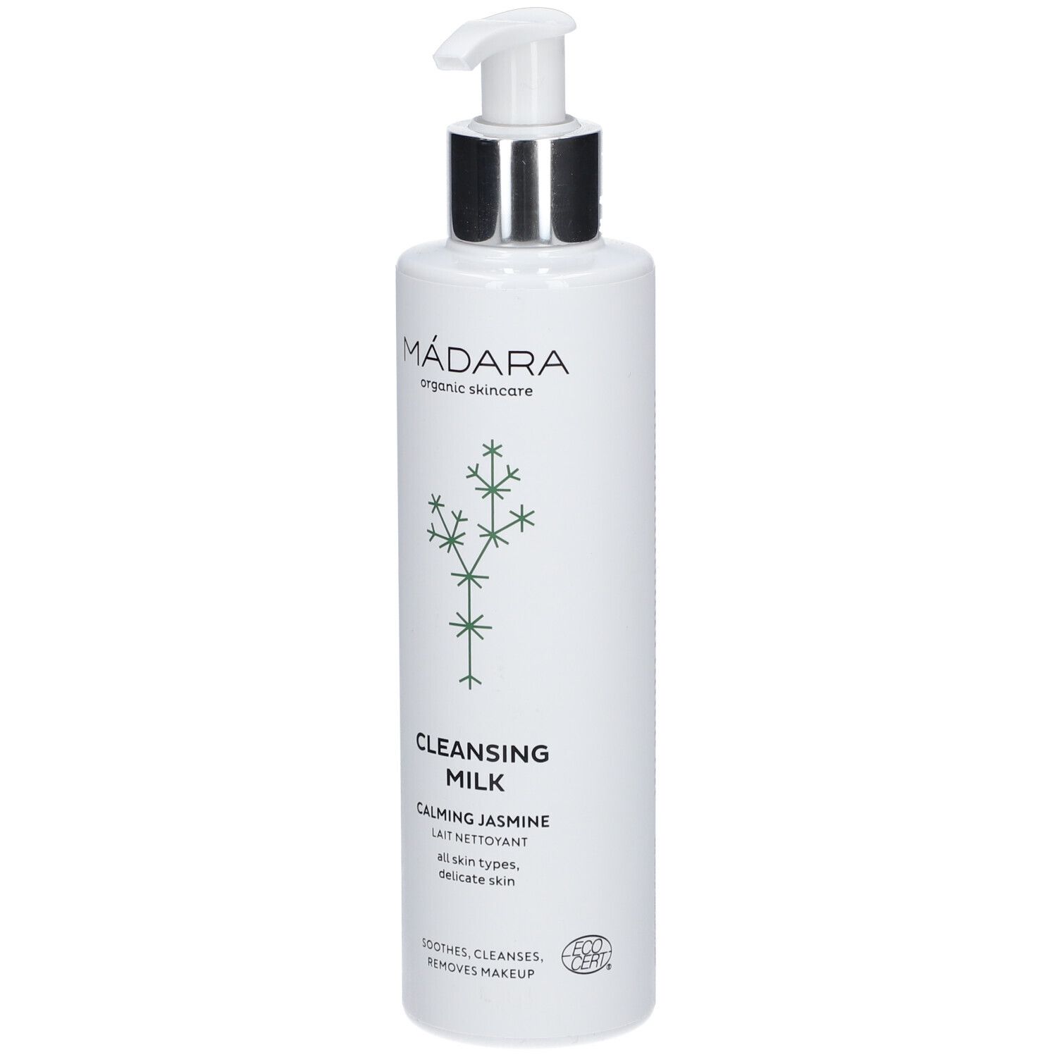 Flacon blanc avec pompe. Inscription : MÁDARA, Cleansing Milk, Calming Jasmine. Pour tous types de peaux.