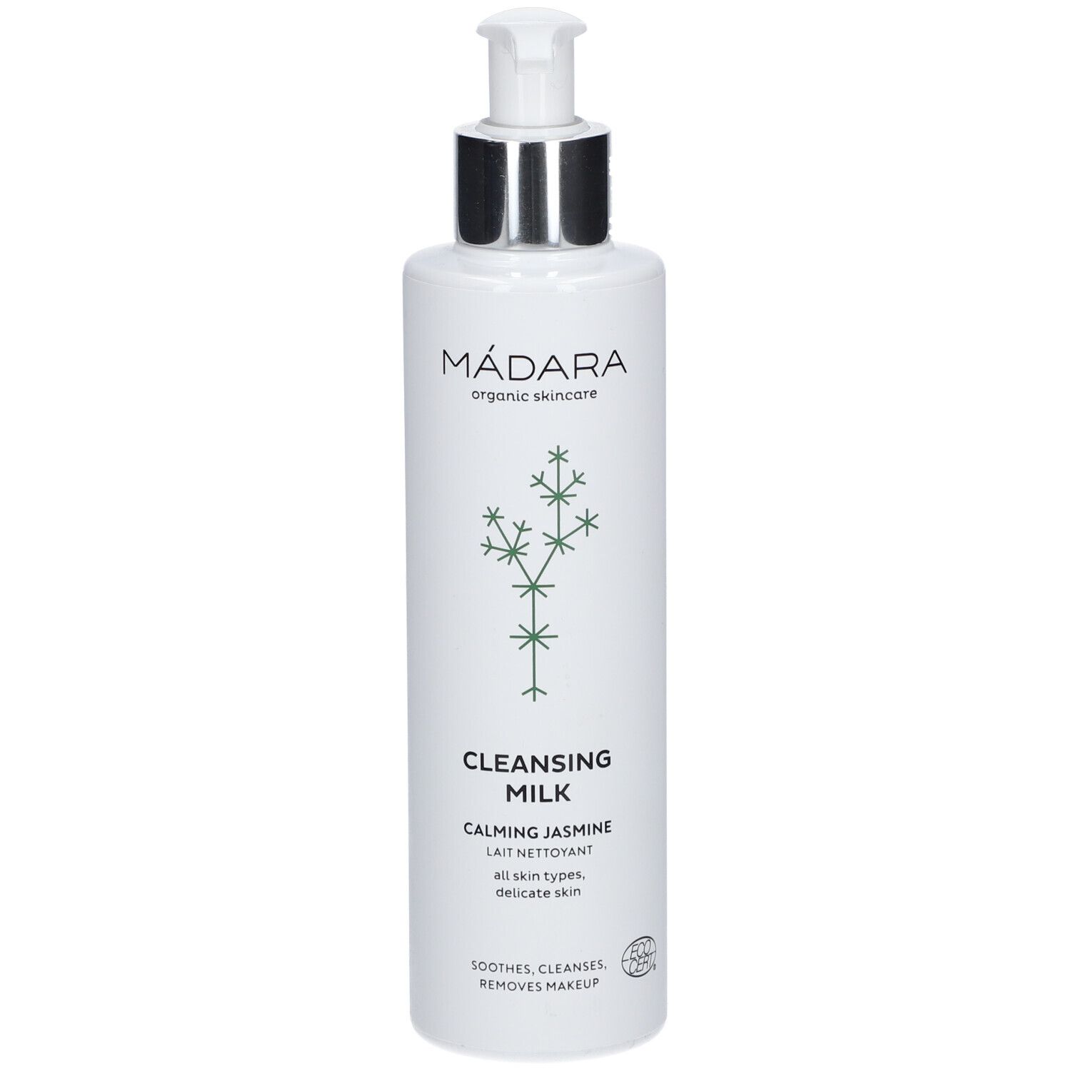 Flacon blanc avec pompe. Inscription : MÁDARA, Cleansing Milk, Calming Jasmine. Pour tous types de peaux.