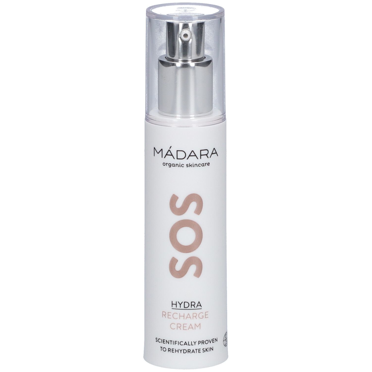 Crème hydratante MÁDARA SOS. Flacon blanc avec pompe argentée et bouchon transparent. Texte: SOS, HYDRA RECHARGE CREAM.
