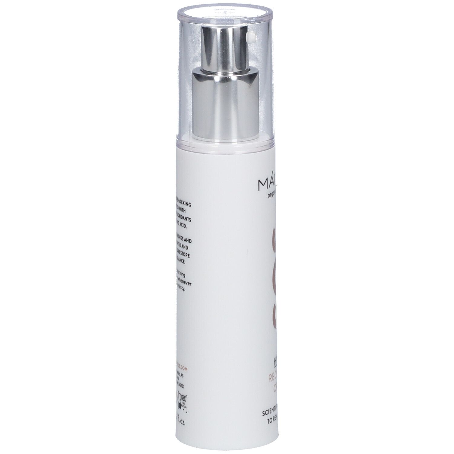 Crème hydratante MÁDARA SOS. Flacon blanc avec pompe argentée. Texte: SOS, HYDRA RECHARGE CREAM. Informations produit au dos.