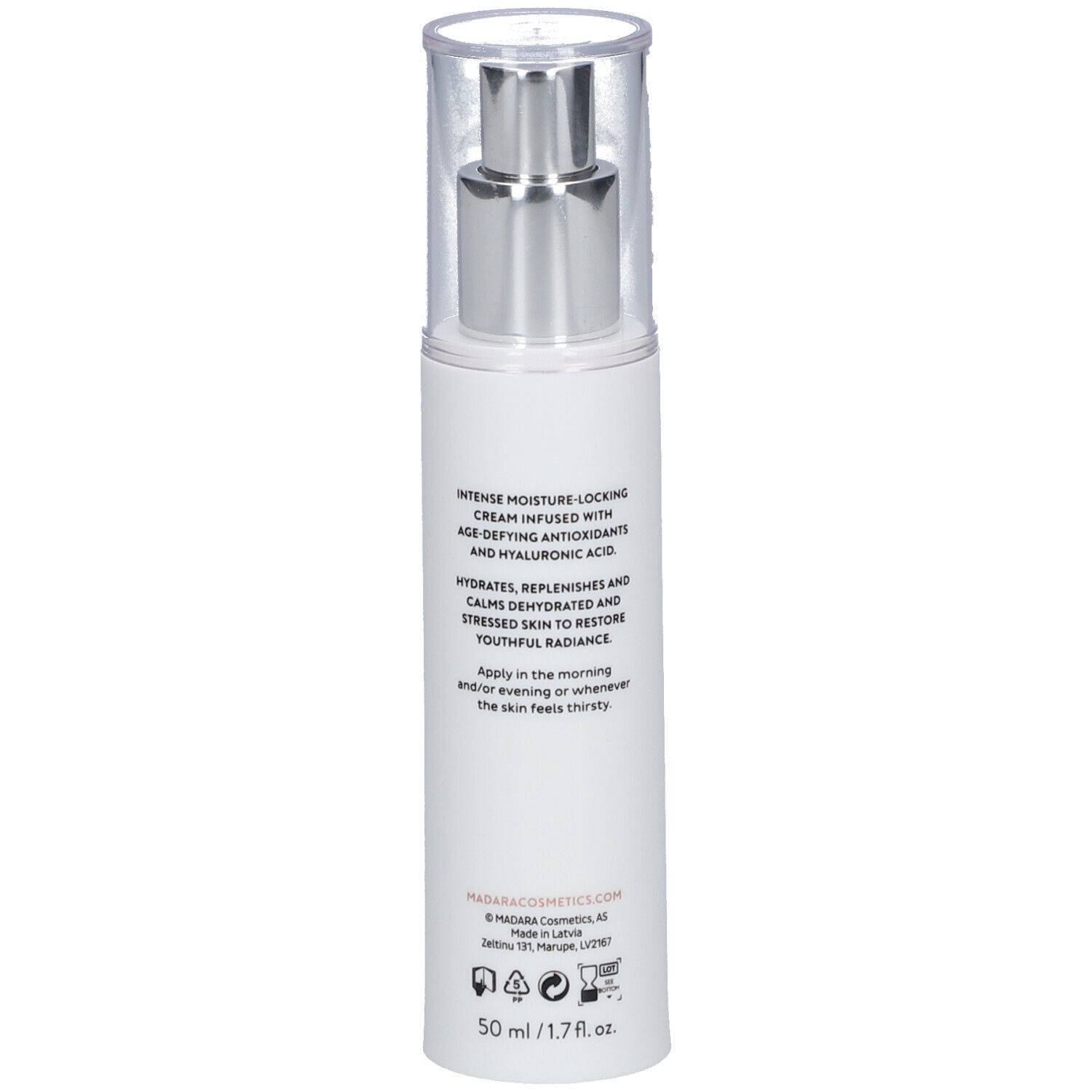 Crème hydratante MÁDARA SOS. Flacon blanc avec pompe argentée. Informations produit au dos. Texte: 50 ml / 1,7 fl.oz.