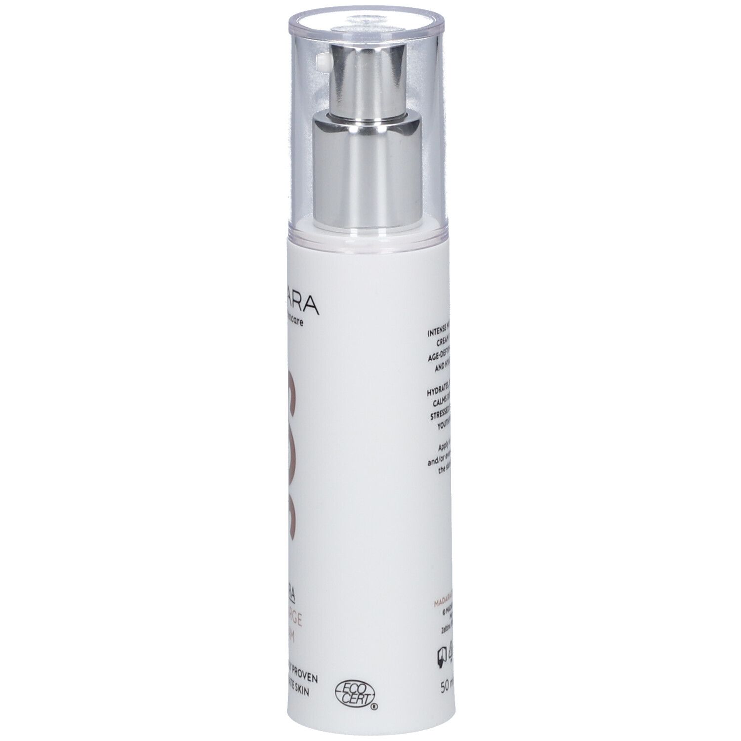 Crème hydratante MÁDARA SOS. Flacon blanc avec pompe argentée. Texte: SOS, HYDRA RECHARGE CREAM. Logo EcoCert.