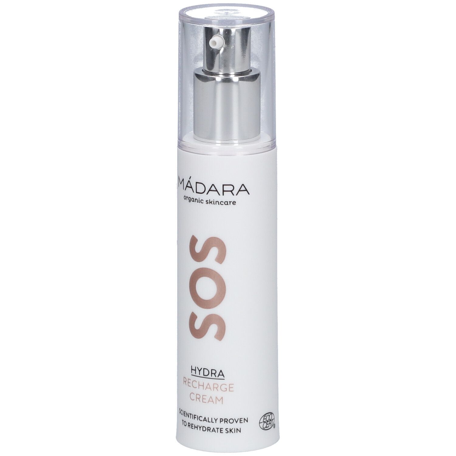 Crème hydratante MÁDARA SOS. Flacon blanc avec pompe argentée et bouchon transparent. Texte: SOS, HYDRA RECHARGE CREAM.