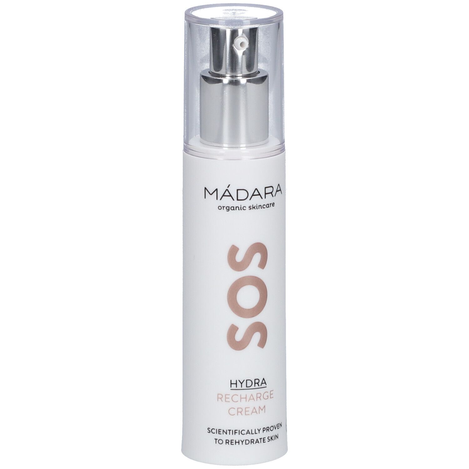 Crème hydratante MÁDARA SOS. Flacon blanc avec pompe argentée et bouchon transparent. Texte: SOS, HYDRA RECHARGE CREAM.