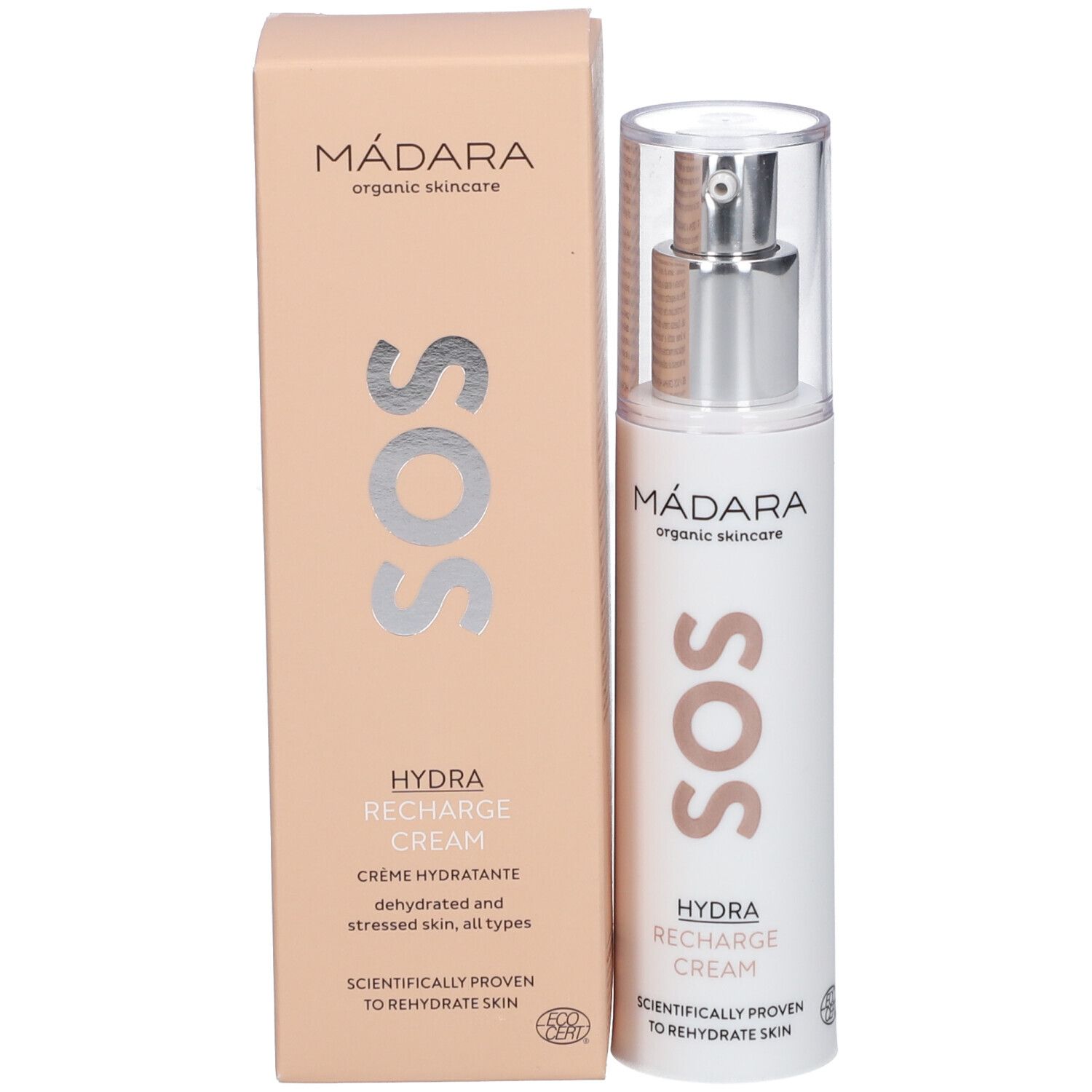 Crème hydratante MÁDARA SOS et emballage. Flacon blanc avec pompe à côté d'une boîte beige. Texte: SOS, HYDRA RECHARGE CREAM.