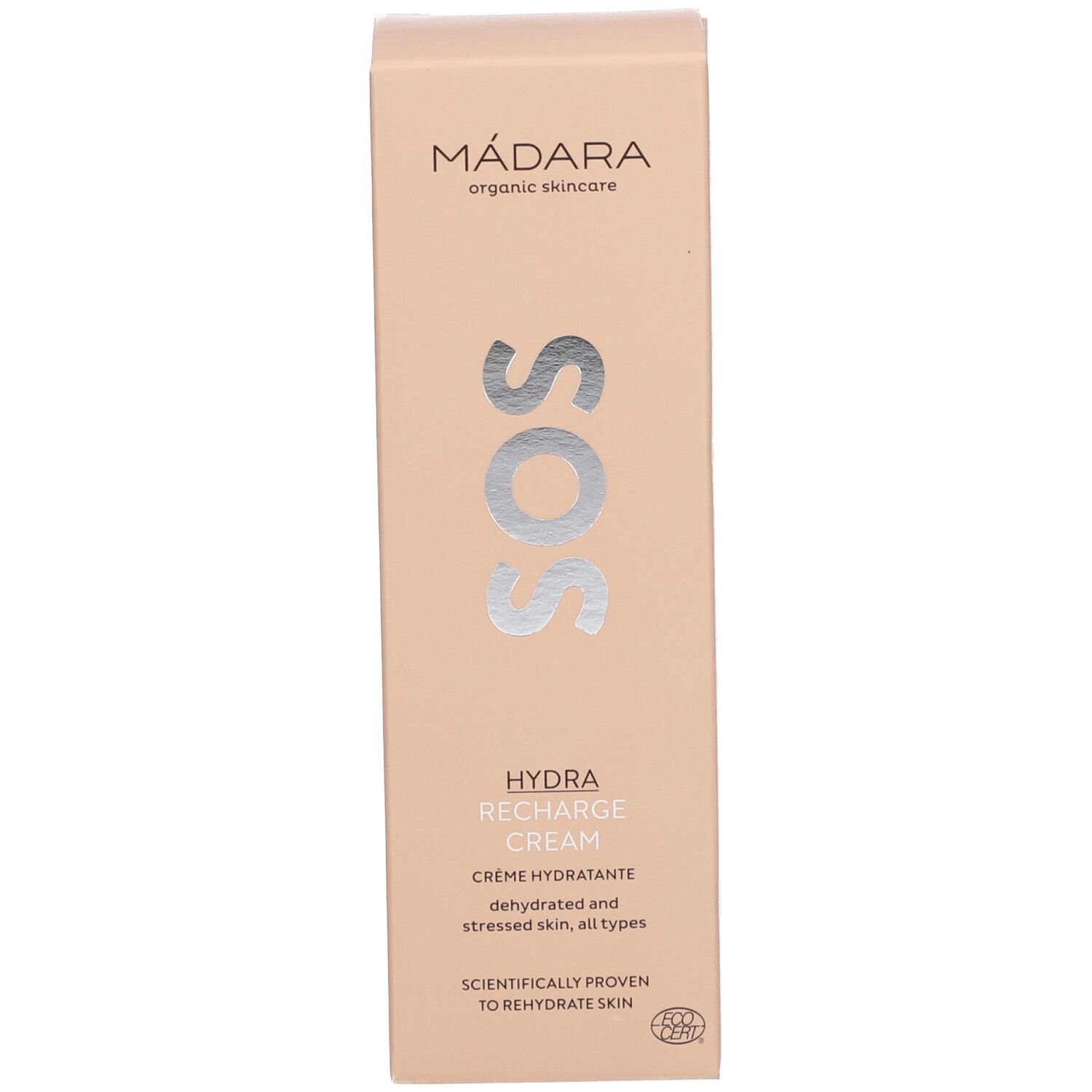 Emballage de la crème hydratante MÁDARA SOS. Boîte beige avec texte: SOS, HYDRA RECHARGE CREAM.