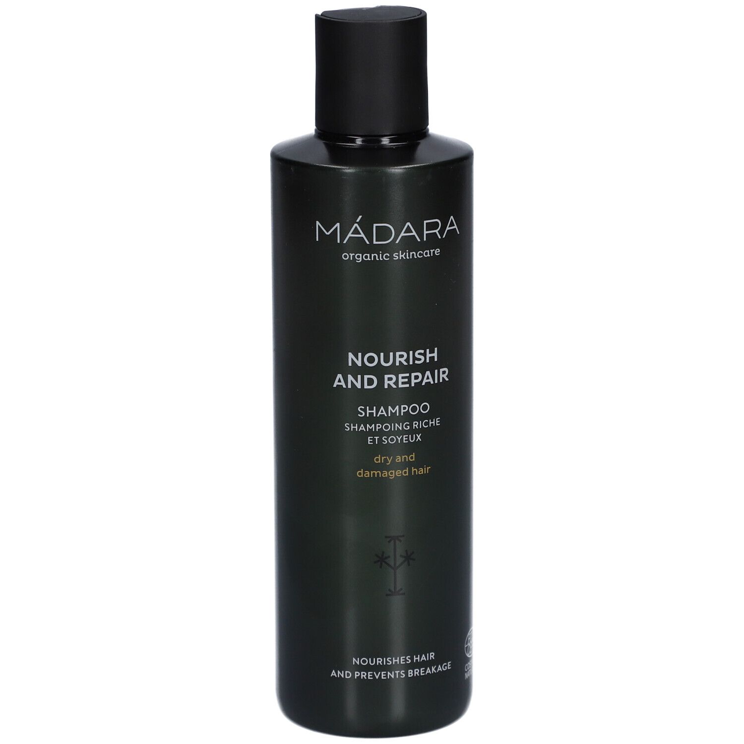Flacon vert foncé avec bouchon noir. Inscription : MÁDARA, Nourish and Repair Shampoo. Pour cheveux secs et abîmés.