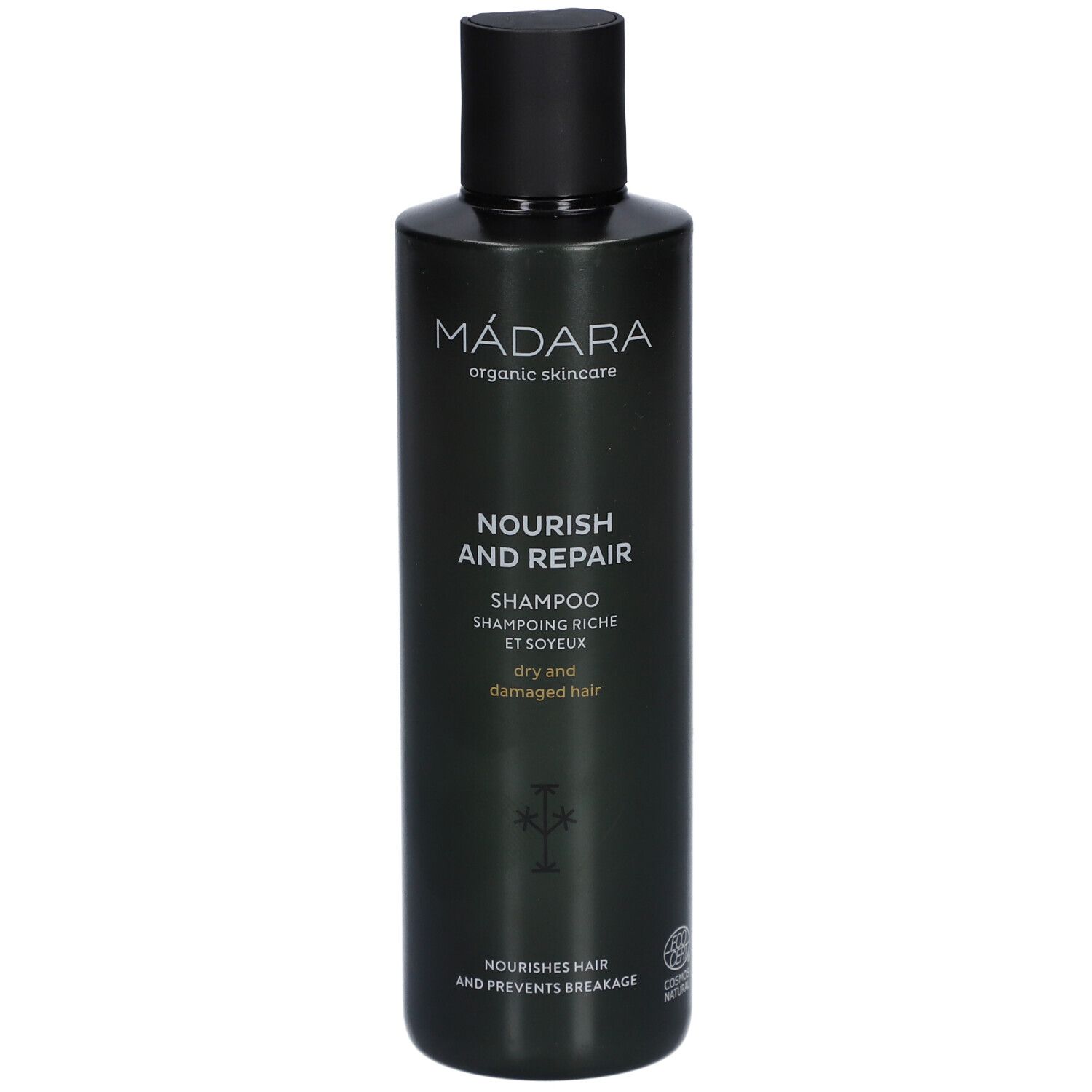 Flacon vert foncé avec bouchon noir. Inscription : MÁDARA, Nourish and Repair Shampoo. Logo Cosmos Natural.
