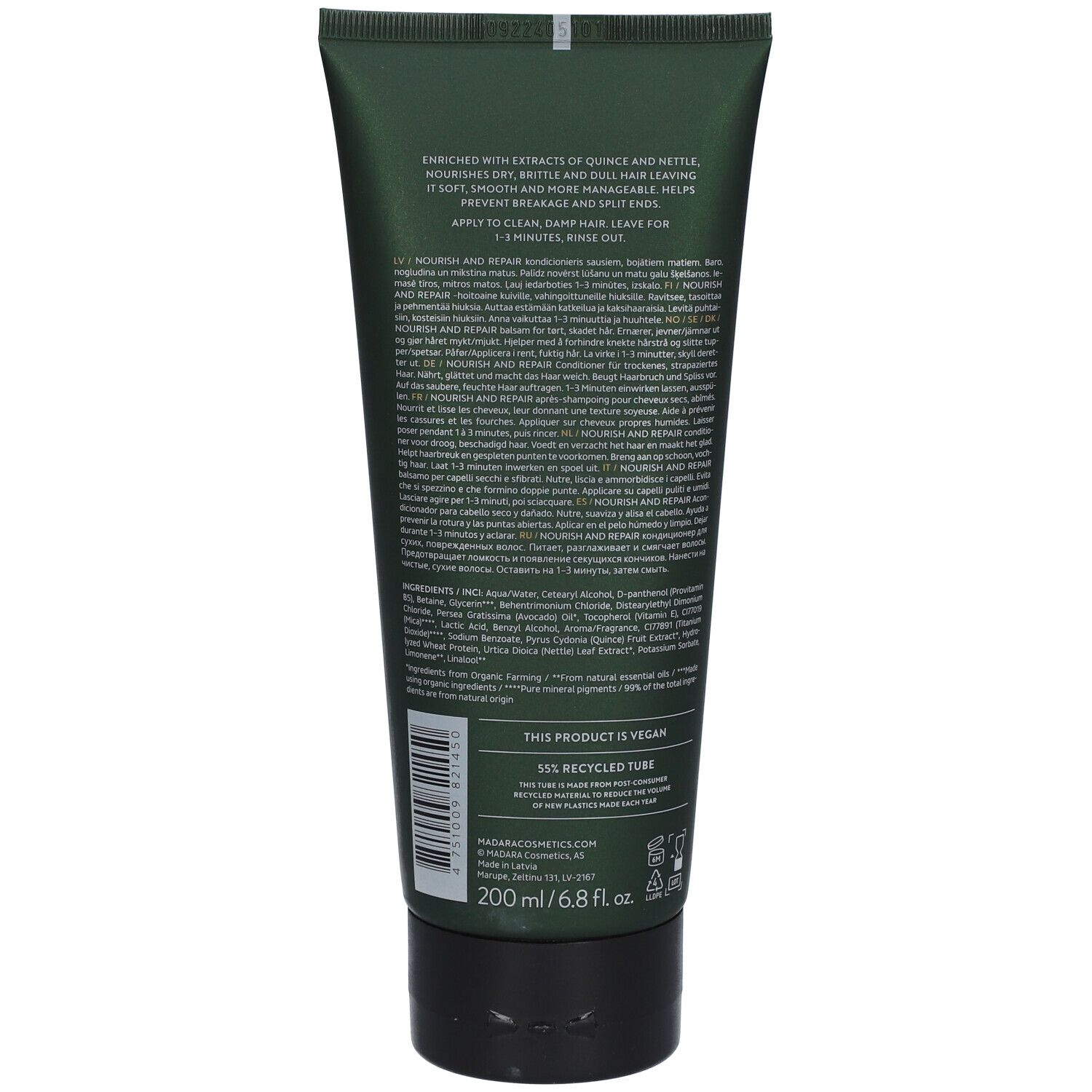 Dos du tube vert. Texte: Nourish and Repair, ingrédients, vegan, tube recyclé à 95%, 200 ml.