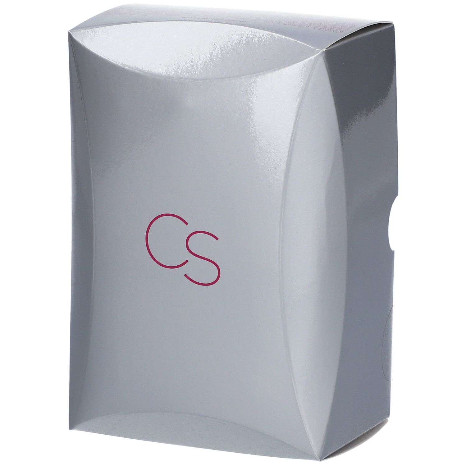 Emballage gris brillant aux bords arrondis. Les lettres "cs" en rouge sont imprimées sur le devant.