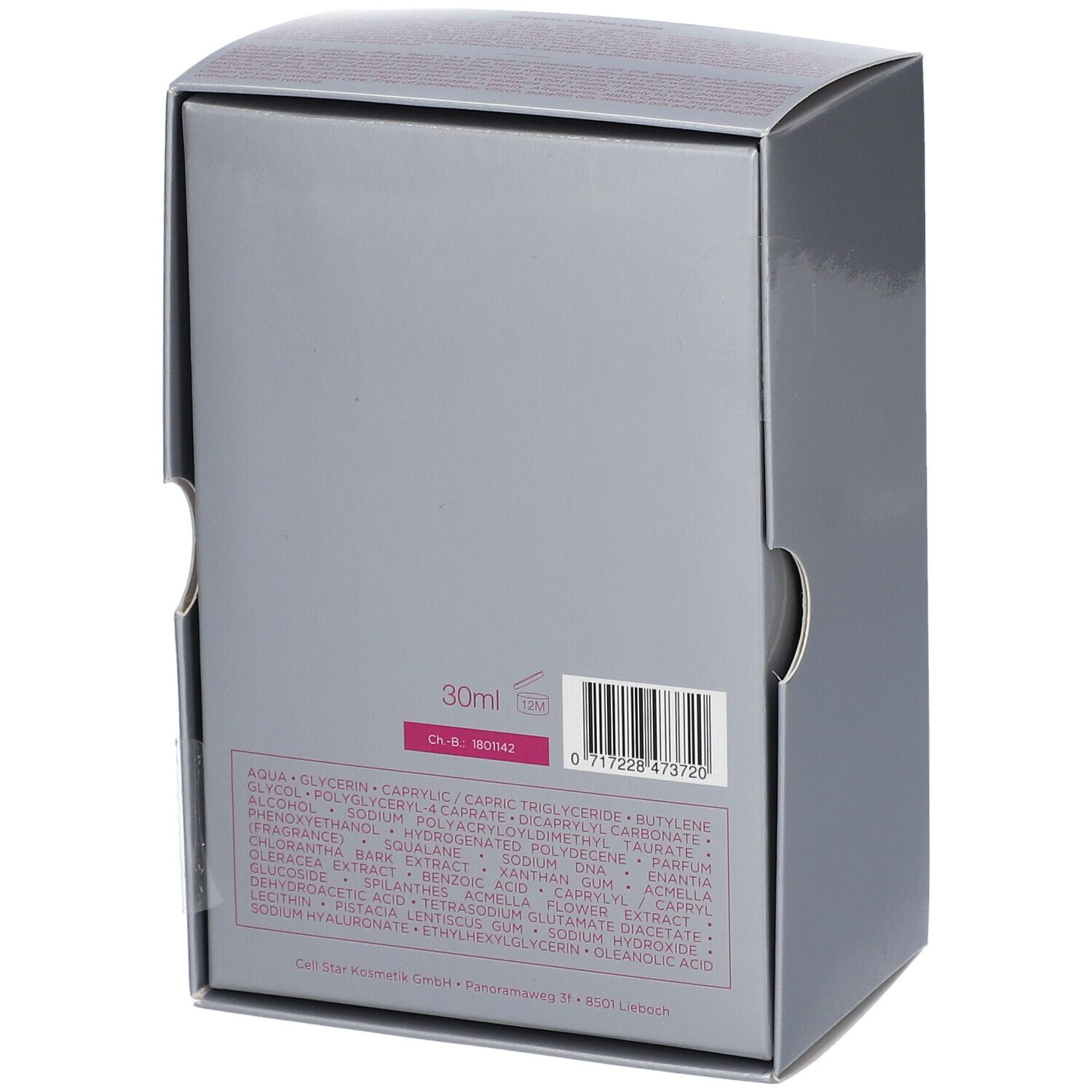 Emballage gris, vue arrière. Contient du texte et un code-barres. Ingrédients imprimés et indication de volume : 30 ml.