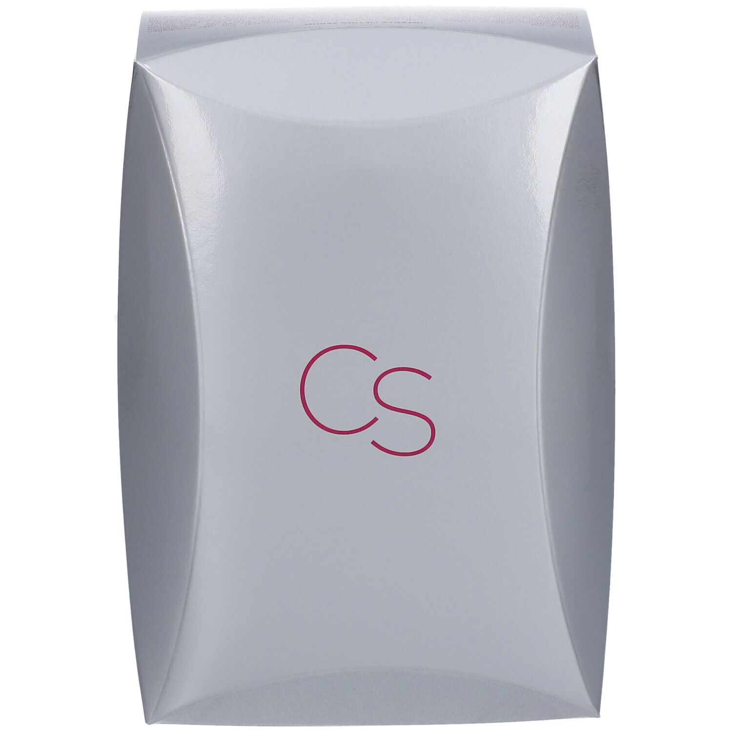 Emballage gris brillant aux bords arrondis. Les lettres "cs" en rouge sont imprimées sur le devant.